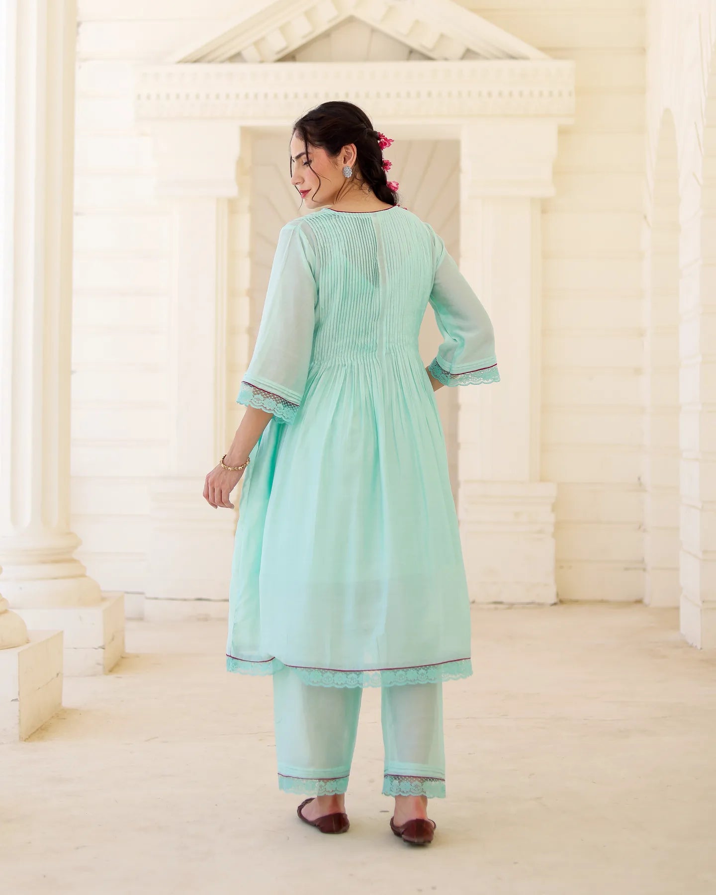 Floris Mint Chanderi Aari Embroidered Kurta Palazzo Set with Floral Dupatta - AS-TTME-21 (2)