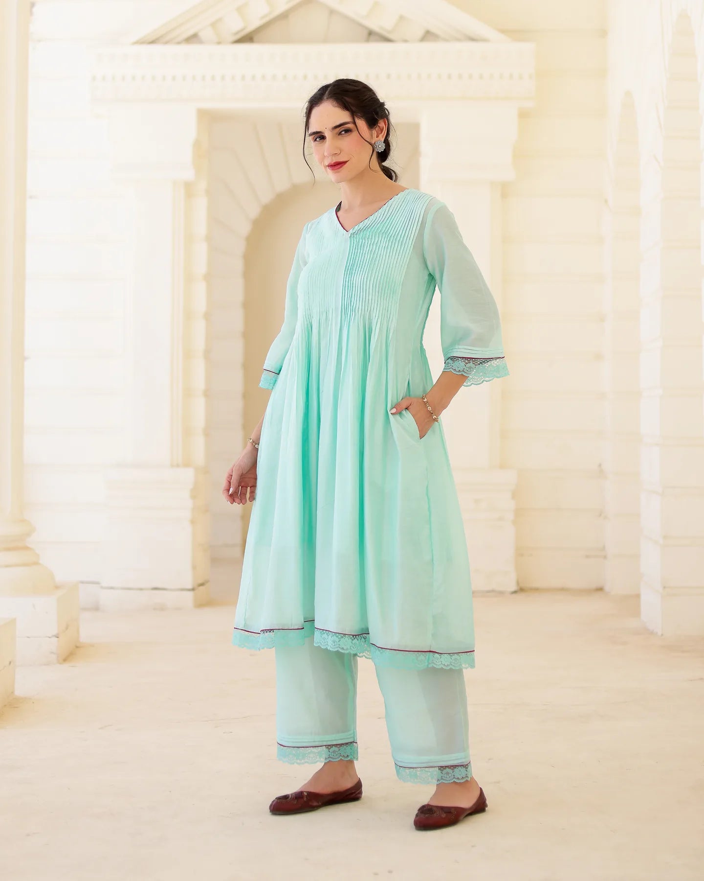 Floris Mint Chanderi Aari Embroidered Kurta Palazzo Set with Floral Dupatta - AS-TTME-21 (3)