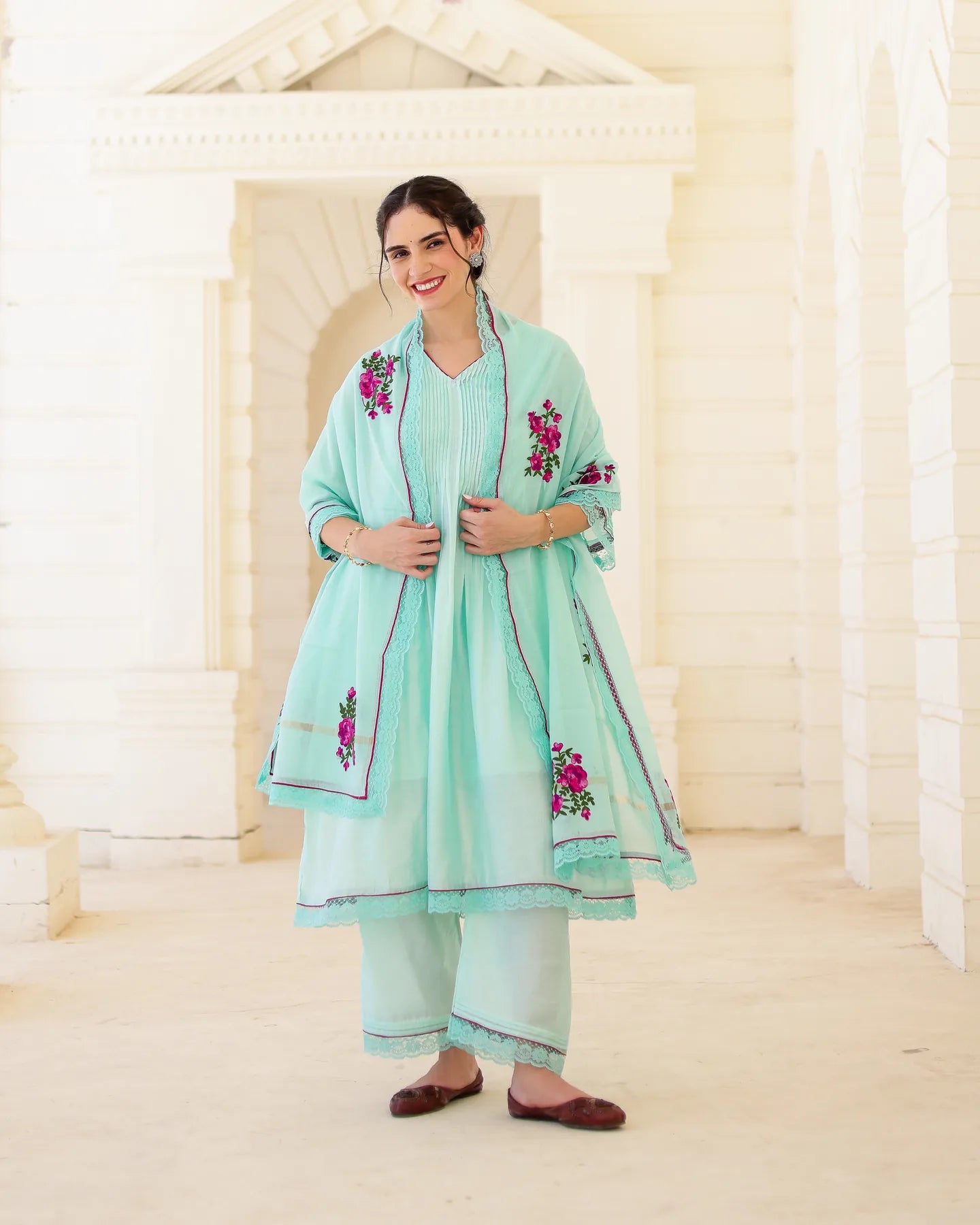 Floris Mint Chanderi Aari Embroidered Kurta Palazzo Set with Floral Dupatta - AS-TTME-21 (6)