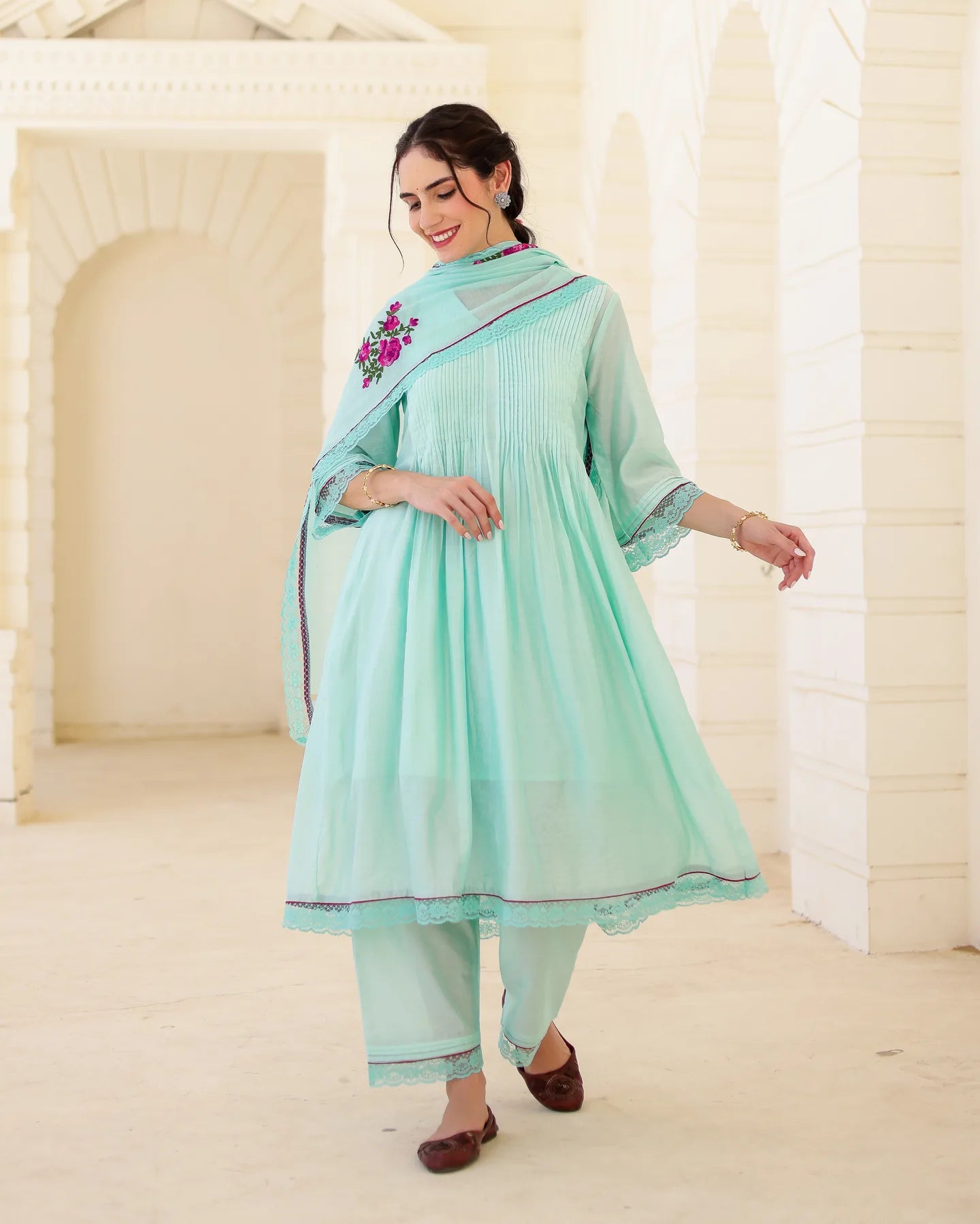 Floris Mint Chanderi Aari Embroidered Kurta Palazzo Set with Floral Dupatta - AS-TTME-21 (7)