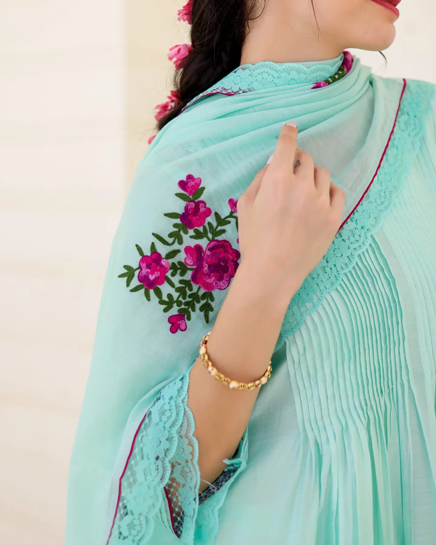 Floris Mint Chanderi Aari Embroidered Kurta Palazzo Set with Floral Dupatta - AS-TTME-21 (8)