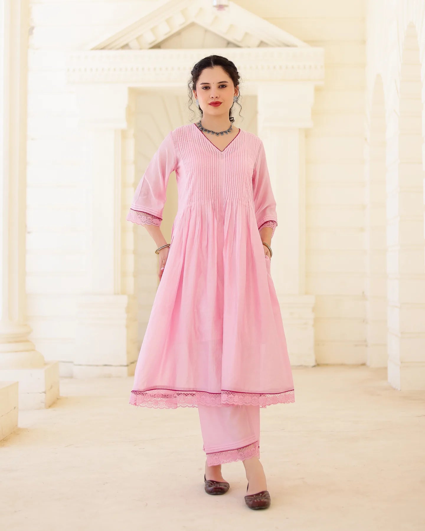 Roselle Blush Pink Chanderi Aari Embroidered Kurta Palazzo Set with Floral Dupatta - AS-TTME-22 (10)