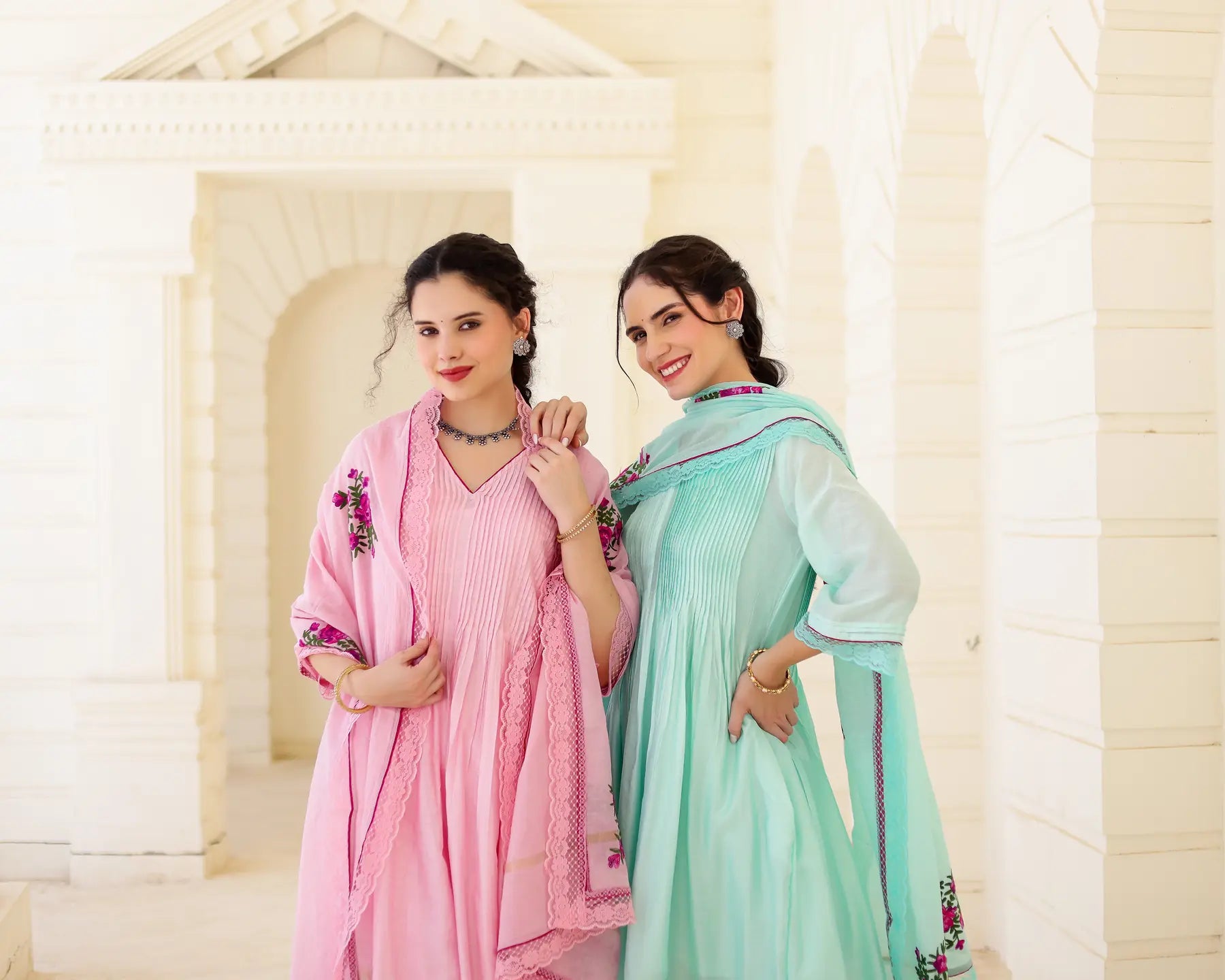Roselle Blush Pink Chanderi Aari Embroidered Kurta Palazzo Set with Floral Dupatta - AS-TTME-22 (2)