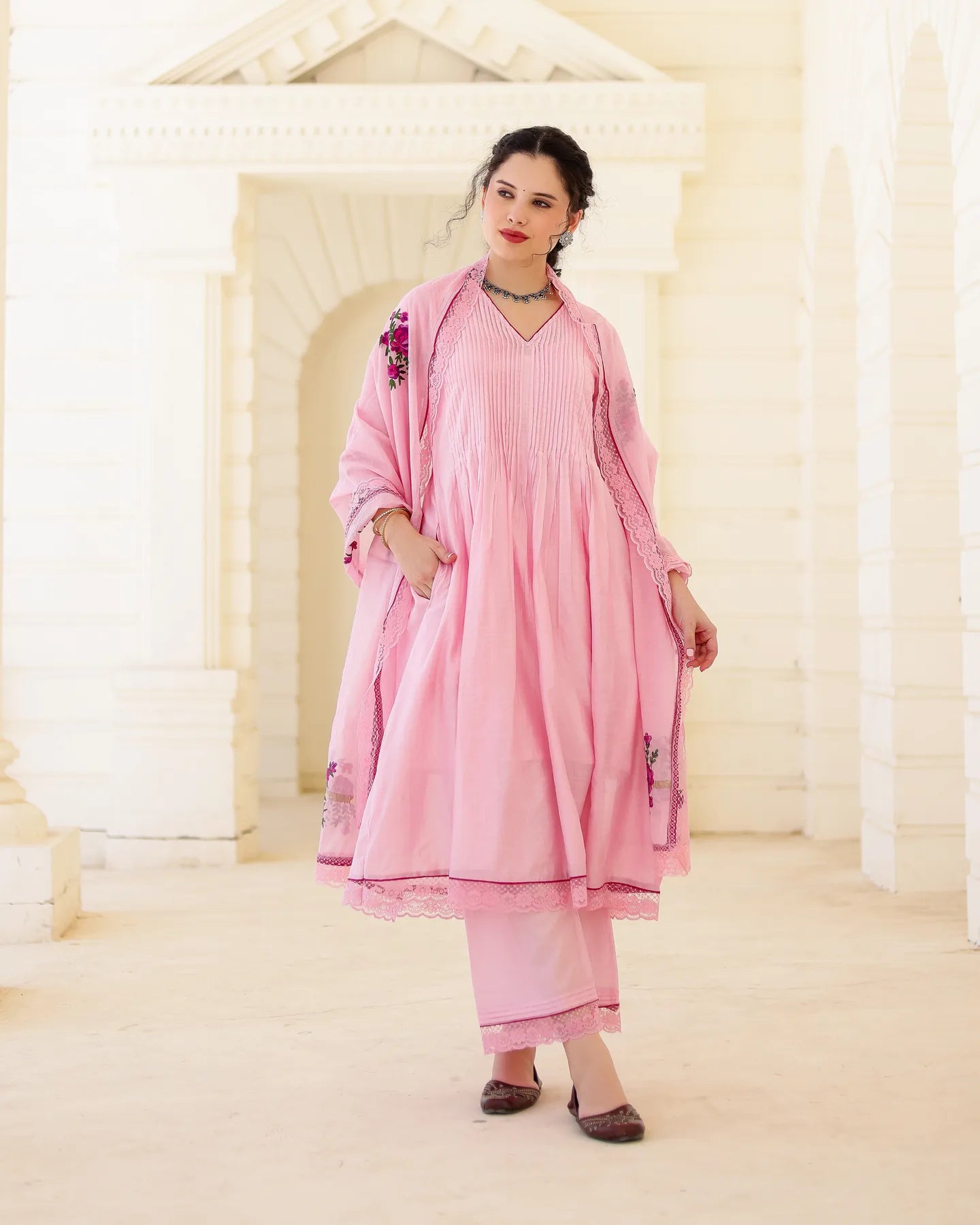 Roselle Blush Pink Chanderi Aari Embroidered Kurta Palazzo Set with Floral Dupatta - AS-TTME-22 (4)