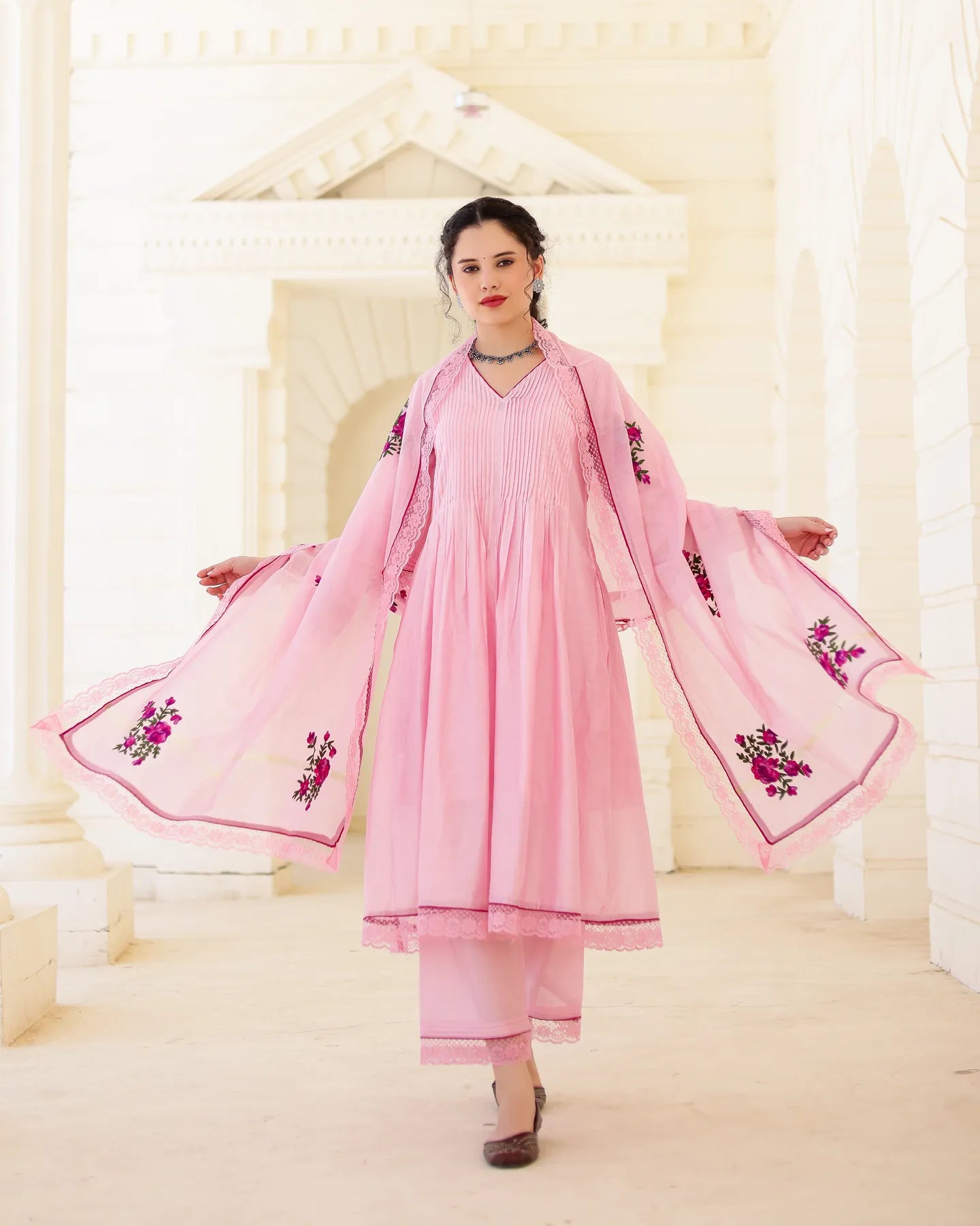 Roselle Blush Pink Chanderi Aari Embroidered Kurta Palazzo Set with Floral Dupatta - AS-TTME-22 (5)