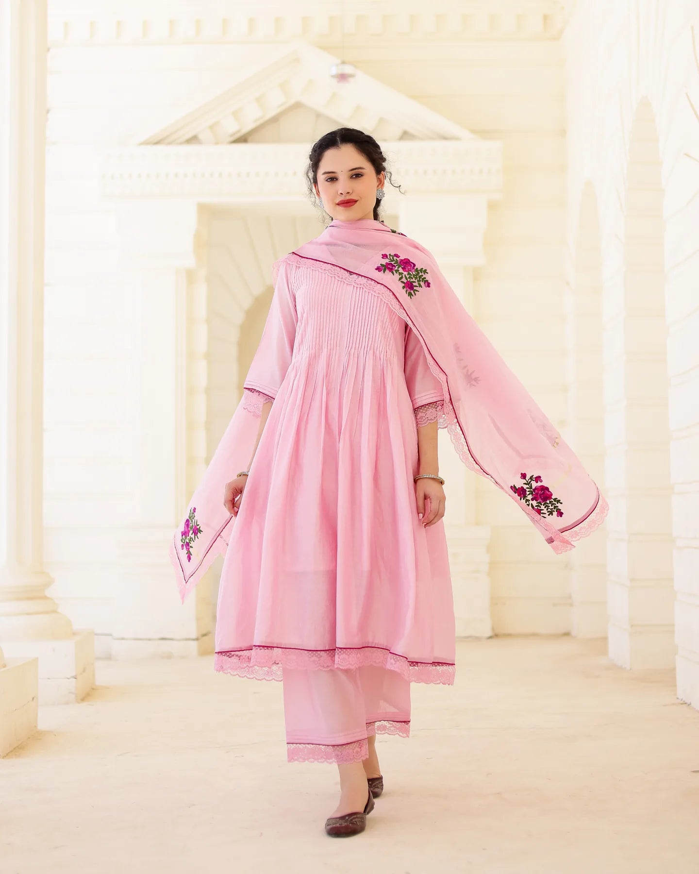 Roselle Blush Pink Chanderi Aari Embroidered Kurta Palazzo Set with Floral Dupatta - AS-TTME-22 (6)