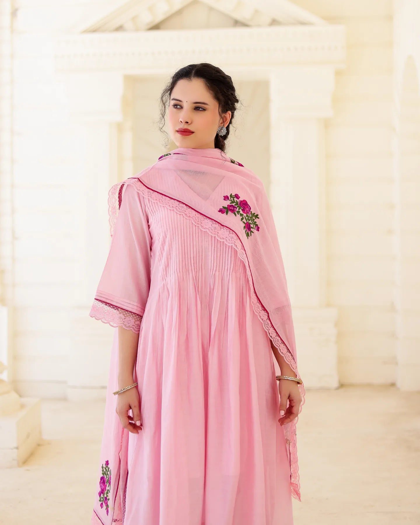 Roselle Blush Pink Chanderi Aari Embroidered Kurta Palazzo Set with Floral Dupatta - AS-TTME-22 (7)