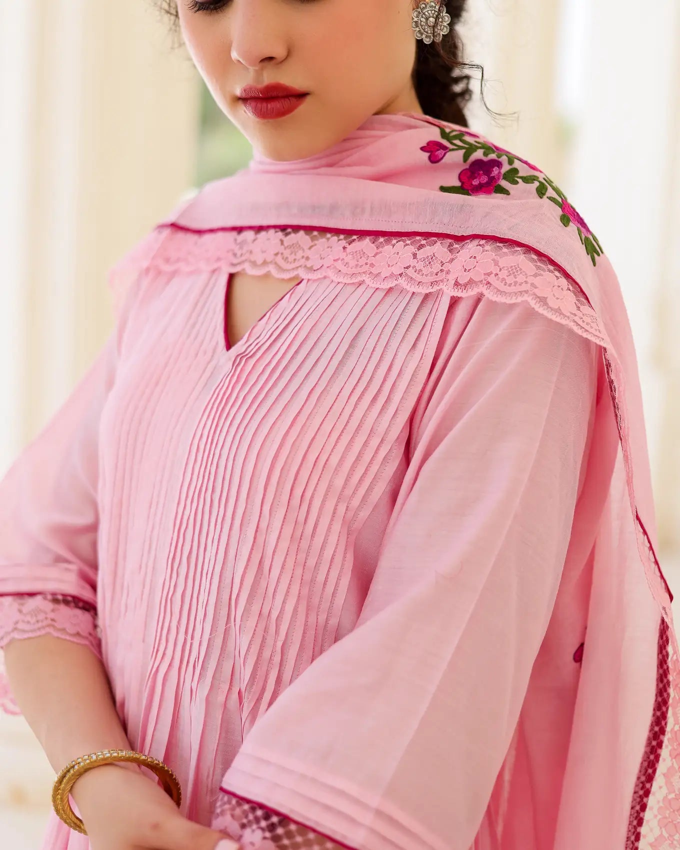 Roselle Blush Pink Chanderi Aari Embroidered Kurta Palazzo Set with Floral Dupatta - AS-TTME-22 (8)