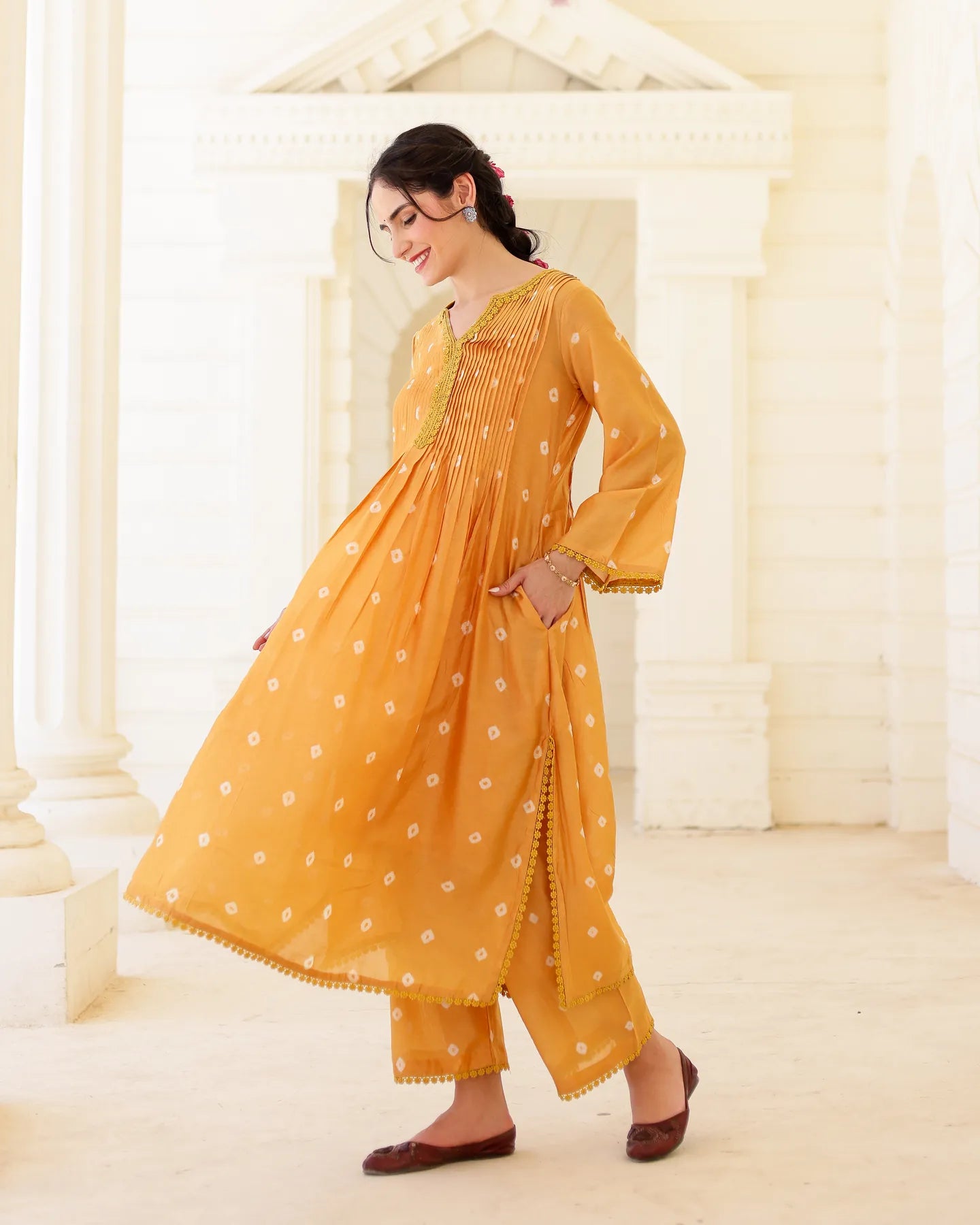 Solara Mustard Yellow Chanderi Hand Bandhej Suit Set with Dupatta - AS-TTME-25 (1)