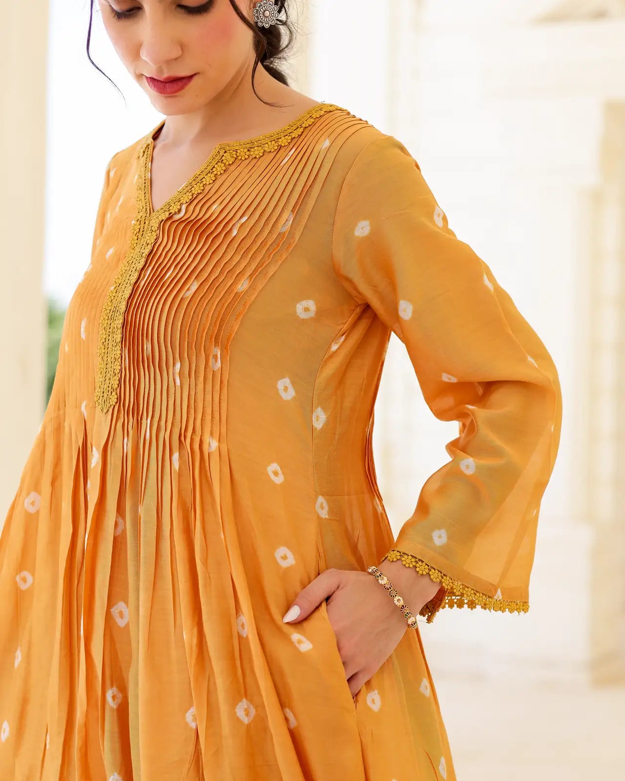 Solara Mustard Yellow Chanderi Hand Bandhej Suit Set with Dupatta - AS-TTME-25 (4)