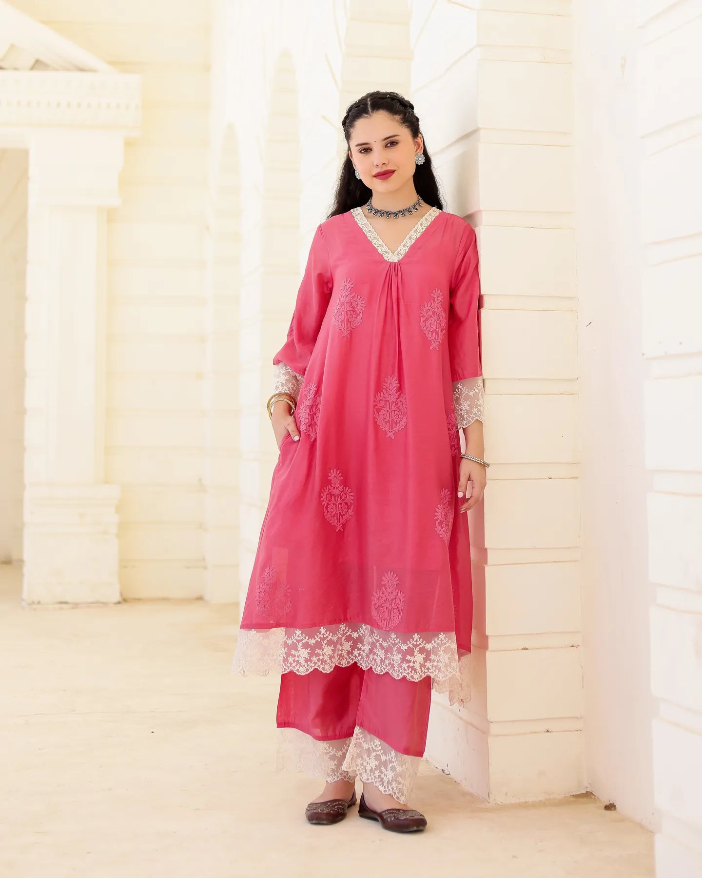Roséline Pink Chanderi Aari Embroidered Suit Set with Lace Dupatta - AS-TTME-26 (3)