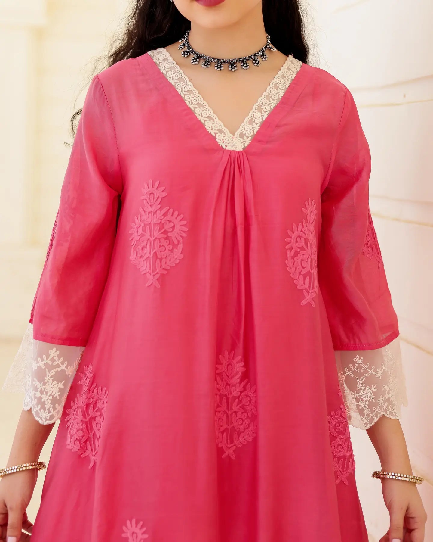Roséline Pink Chanderi Aari Embroidered Suit Set with Lace Dupatta - AS-TTME-26 (4)