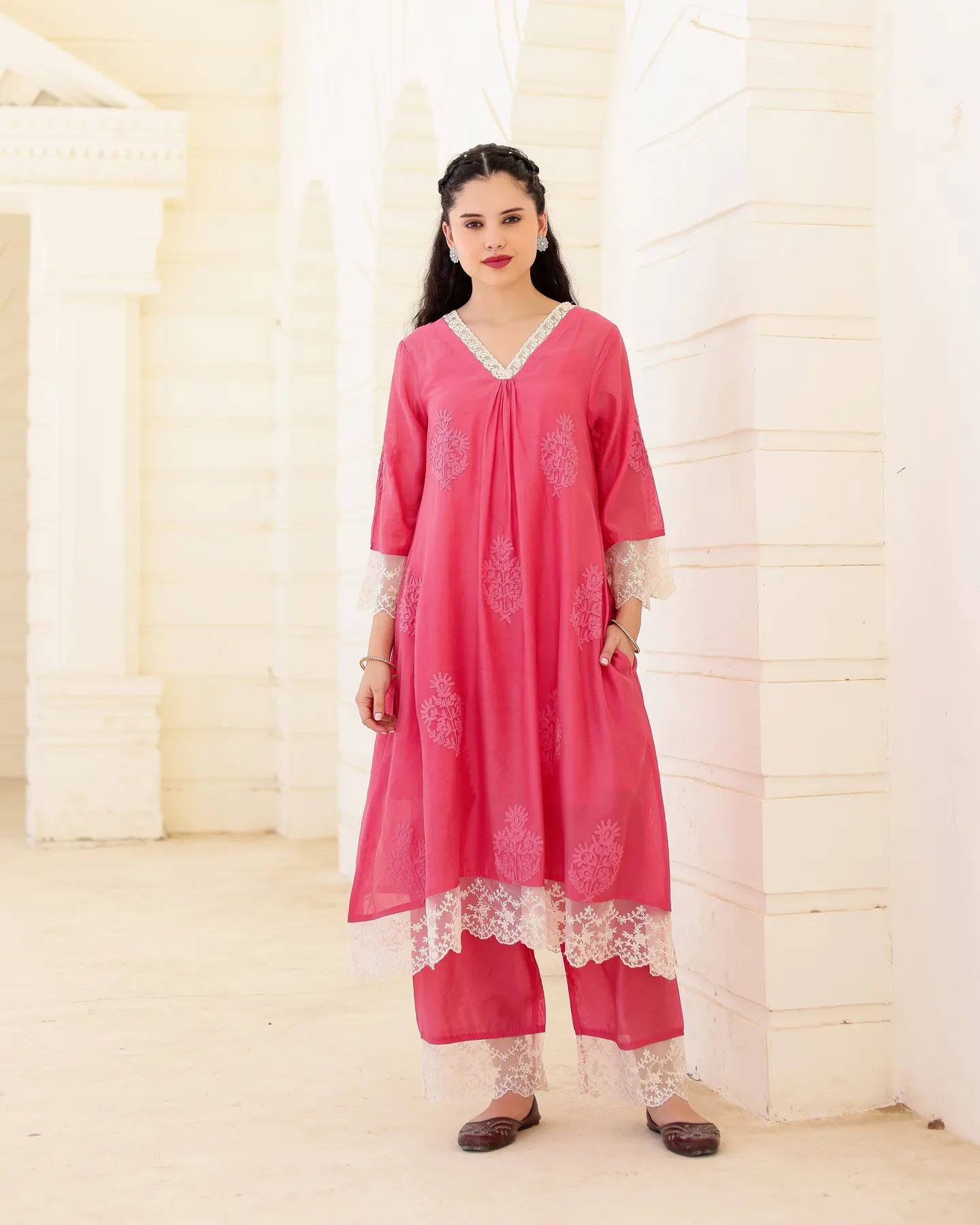 Roséline Pink Chanderi Aari Embroidered Suit Set with Lace Dupatta - AS-TTME-26 (5)