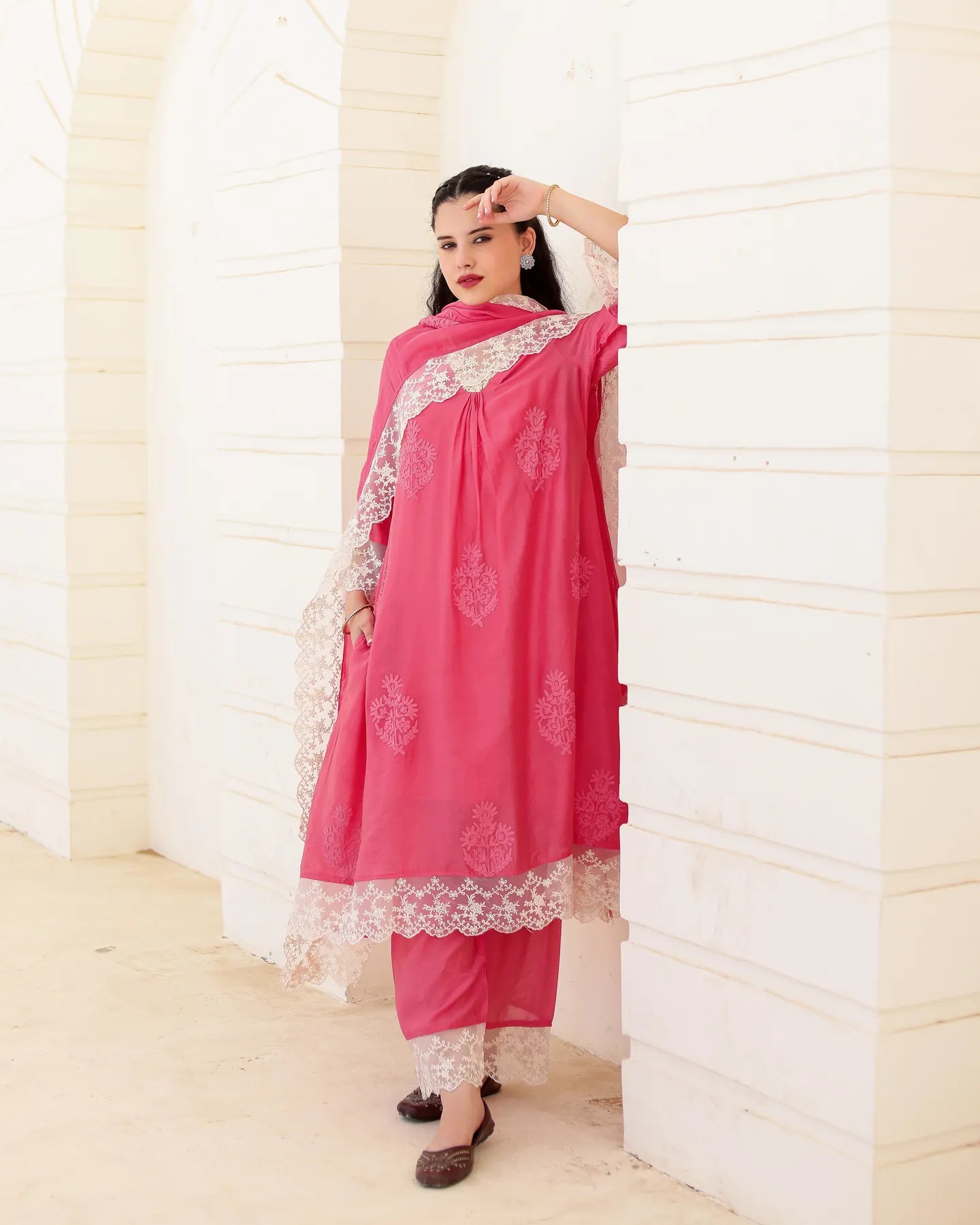 Roséline Pink Chanderi Aari Embroidered Suit Set with Lace Dupatta - AS-TTME-26 (8)