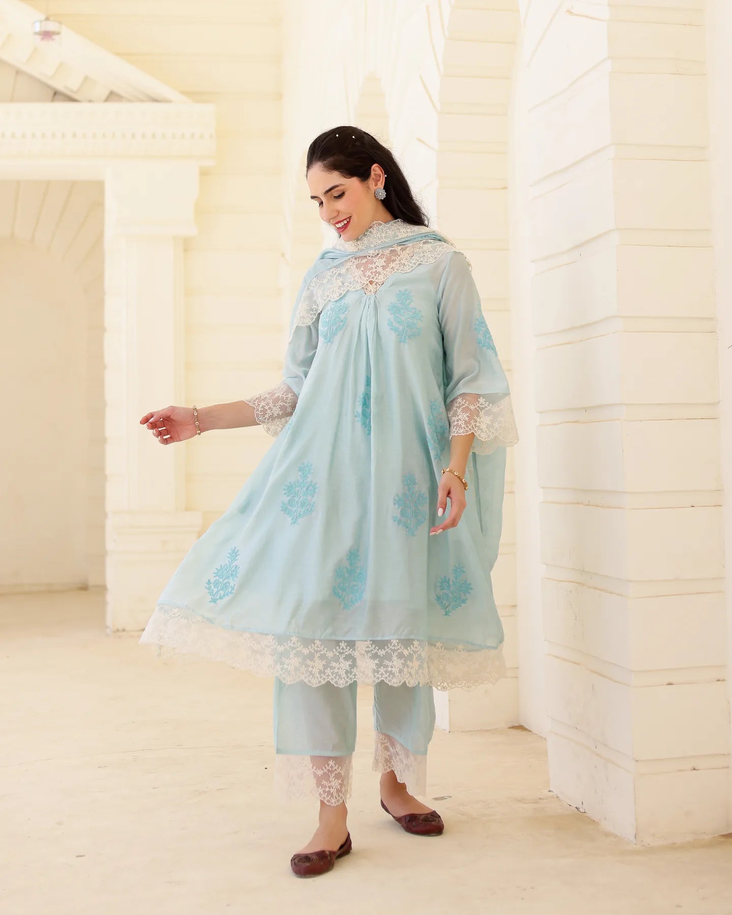 Liora Powder Blue Chanderi Aari Embroidered Suit Set with Lace Dupatta - AS-TTME-27 (1)
