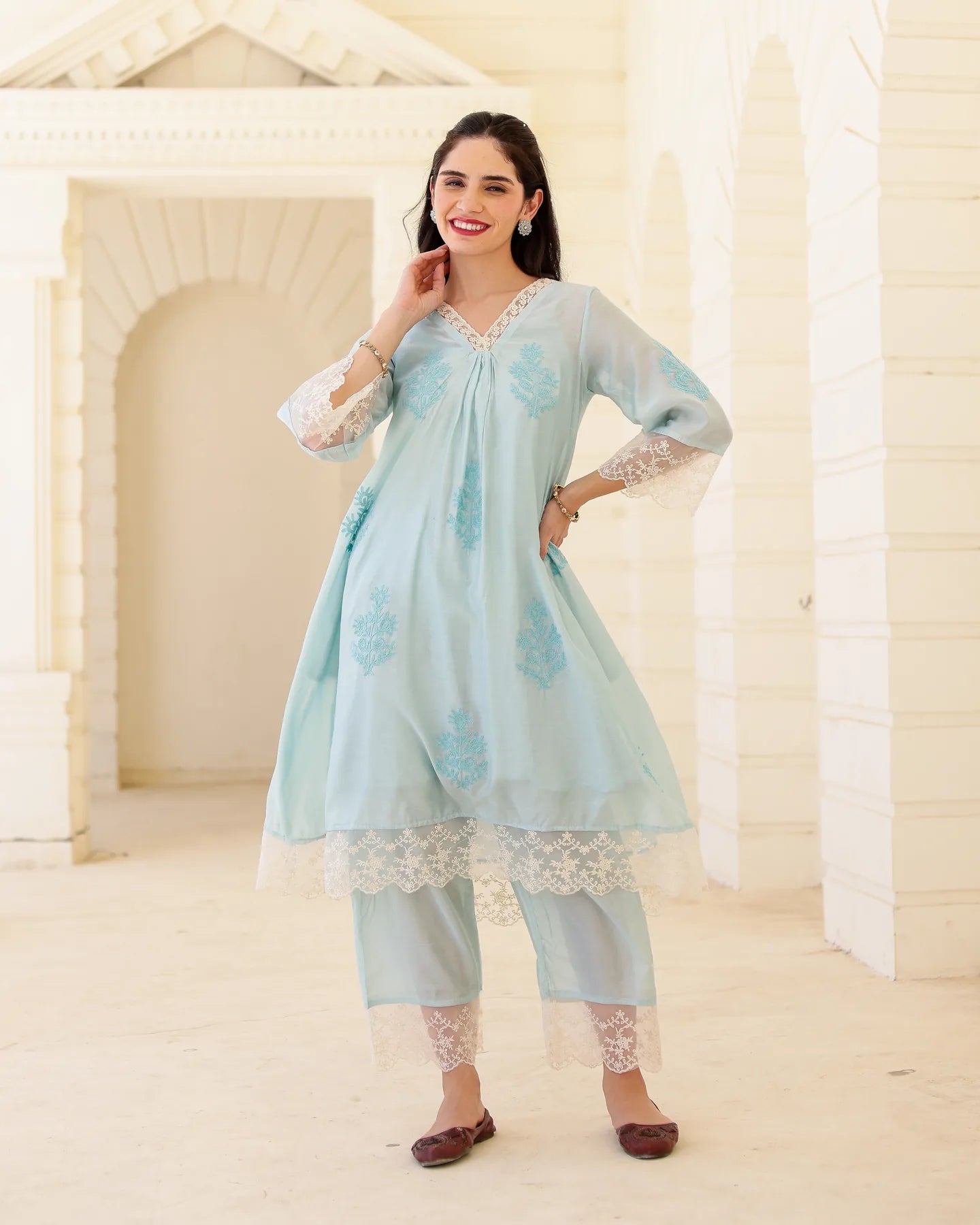 Liora Powder Blue Chanderi Aari Embroidered Suit Set with Lace Dupatta - AS-TTME-27 (5)