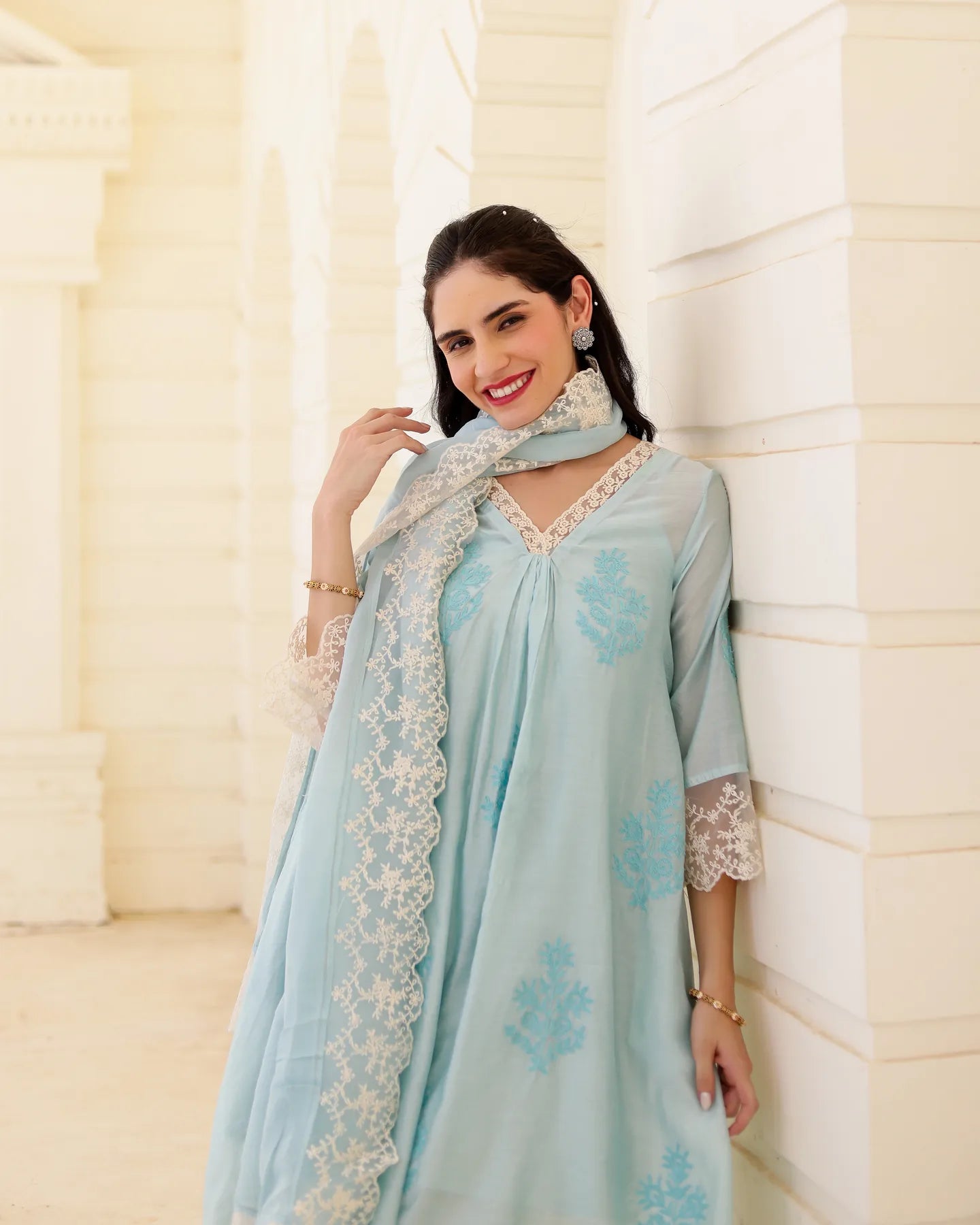 Liora Powder Blue Chanderi Aari Embroidered Suit Set with Lace Dupatta - AS-TTME-27 (8)