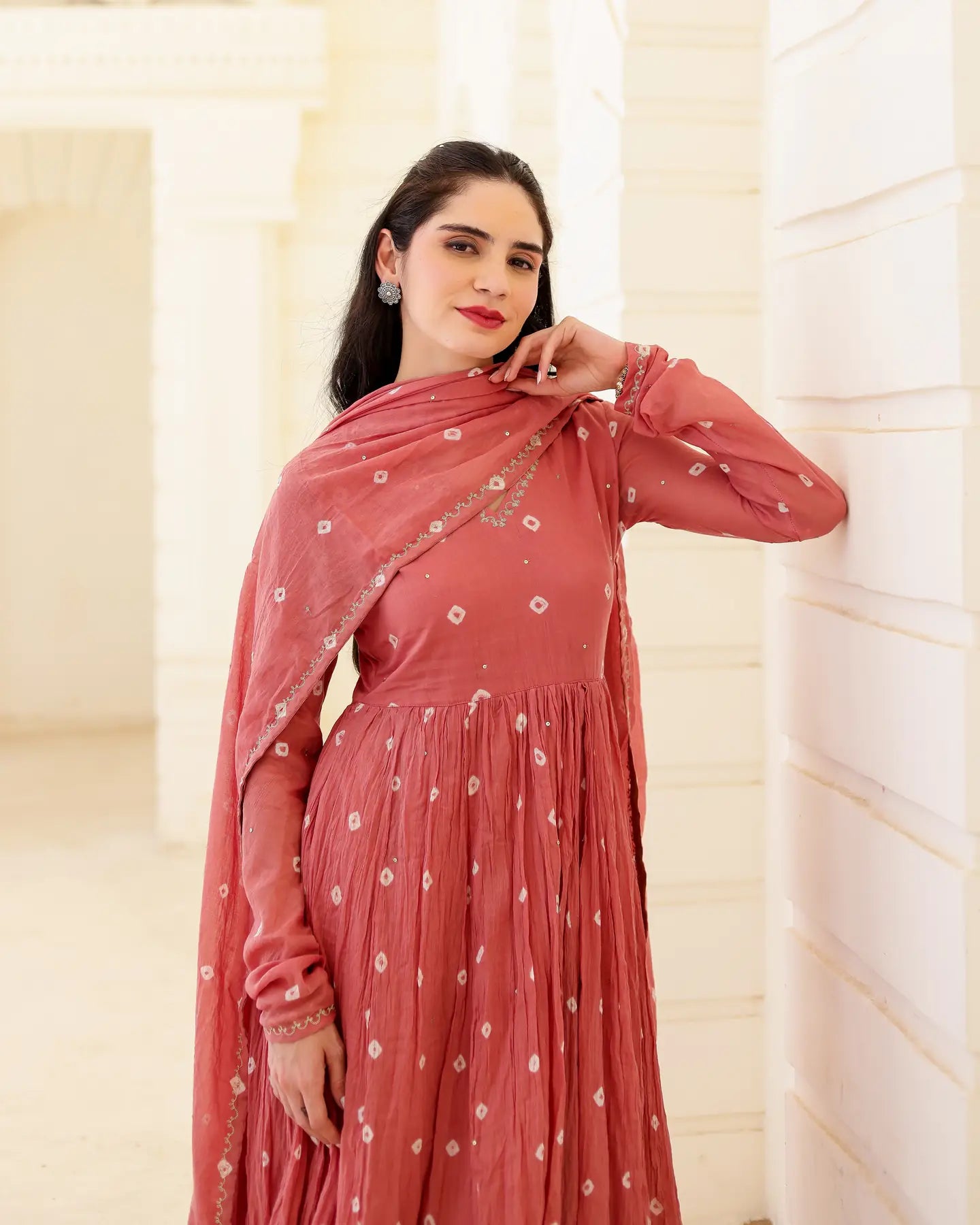 Dusty Rose Cotton Mulmul Bandhani Suit Set with Aari Zari Work - AS-TTME-29 (5)