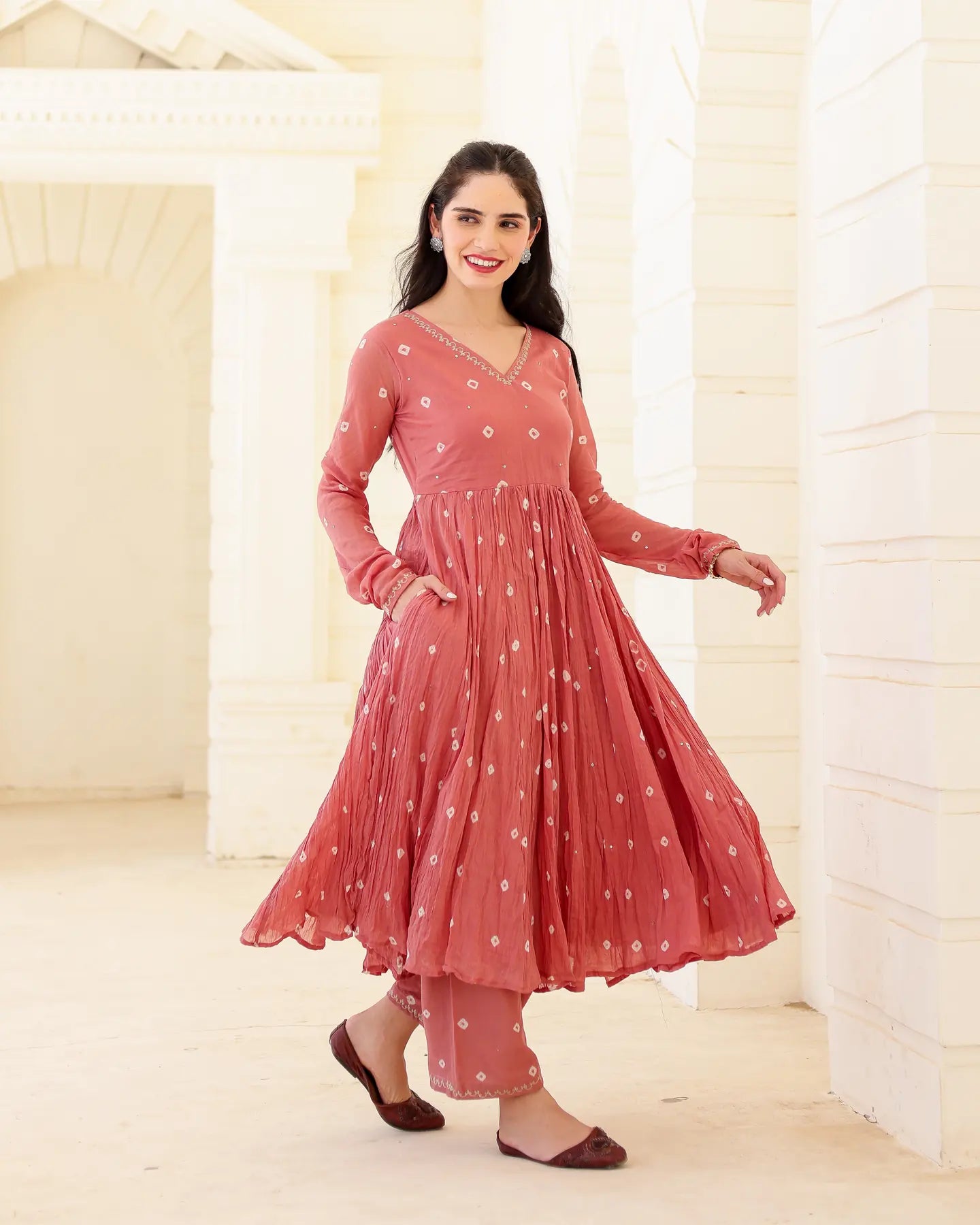 Dusty Rose Cotton Mulmul Bandhani Suit Set with Aari Zari Work - AS-TTME-29 (8)