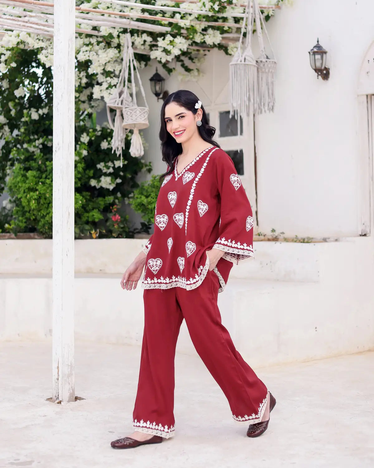 Aarzoo Red Cotton Satin Aari Embroidered Kurta Palazzo Set - AS-TTME-2 (3)