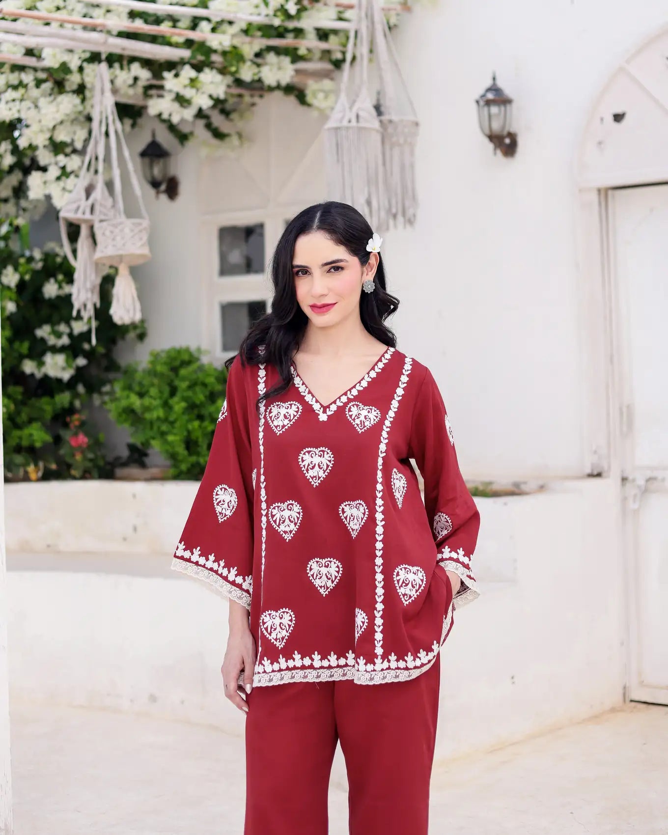 Aarzoo Red Cotton Satin Aari Embroidered Kurta Palazzo Set - AS-TTME-2 (4)