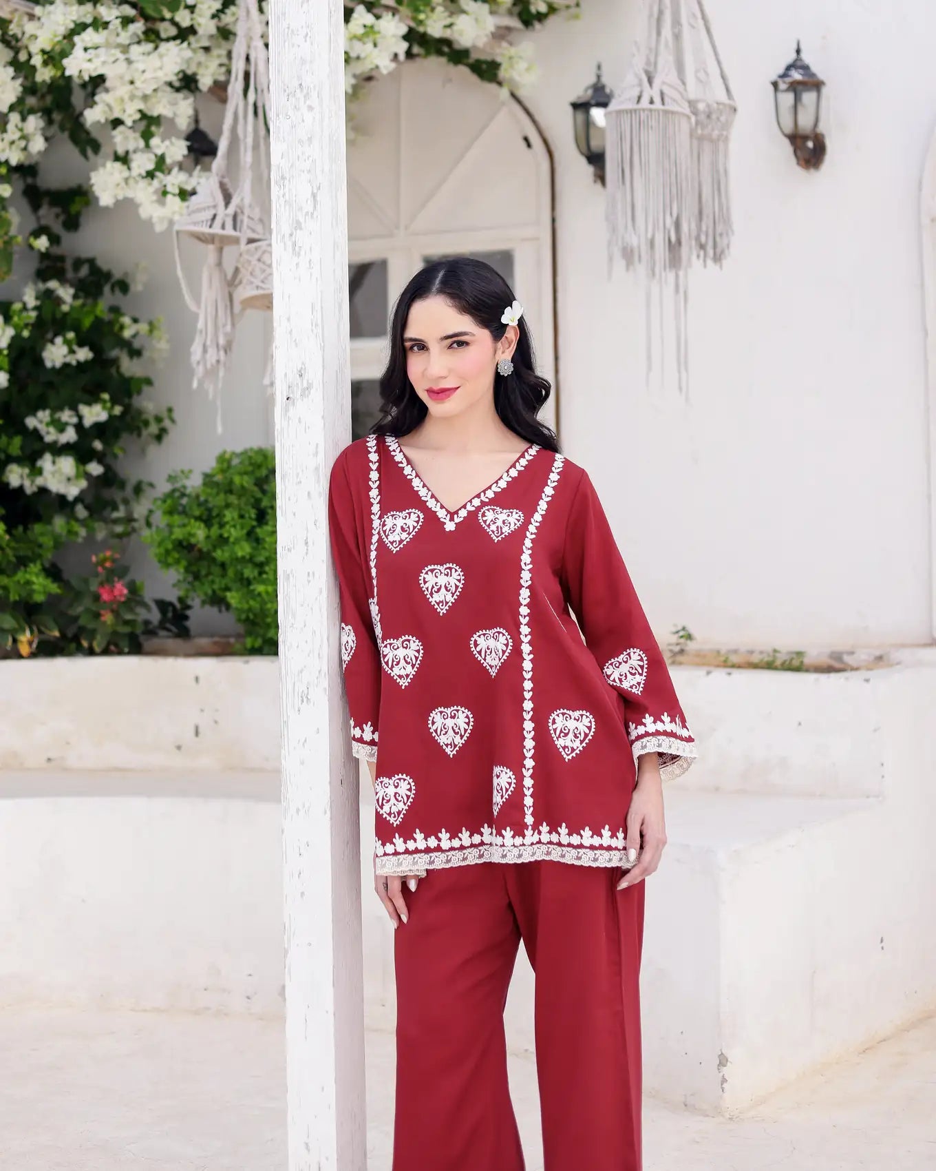 Aarzoo Red Cotton Satin Aari Embroidered Kurta Palazzo Set - AS-TTME-2 (5)