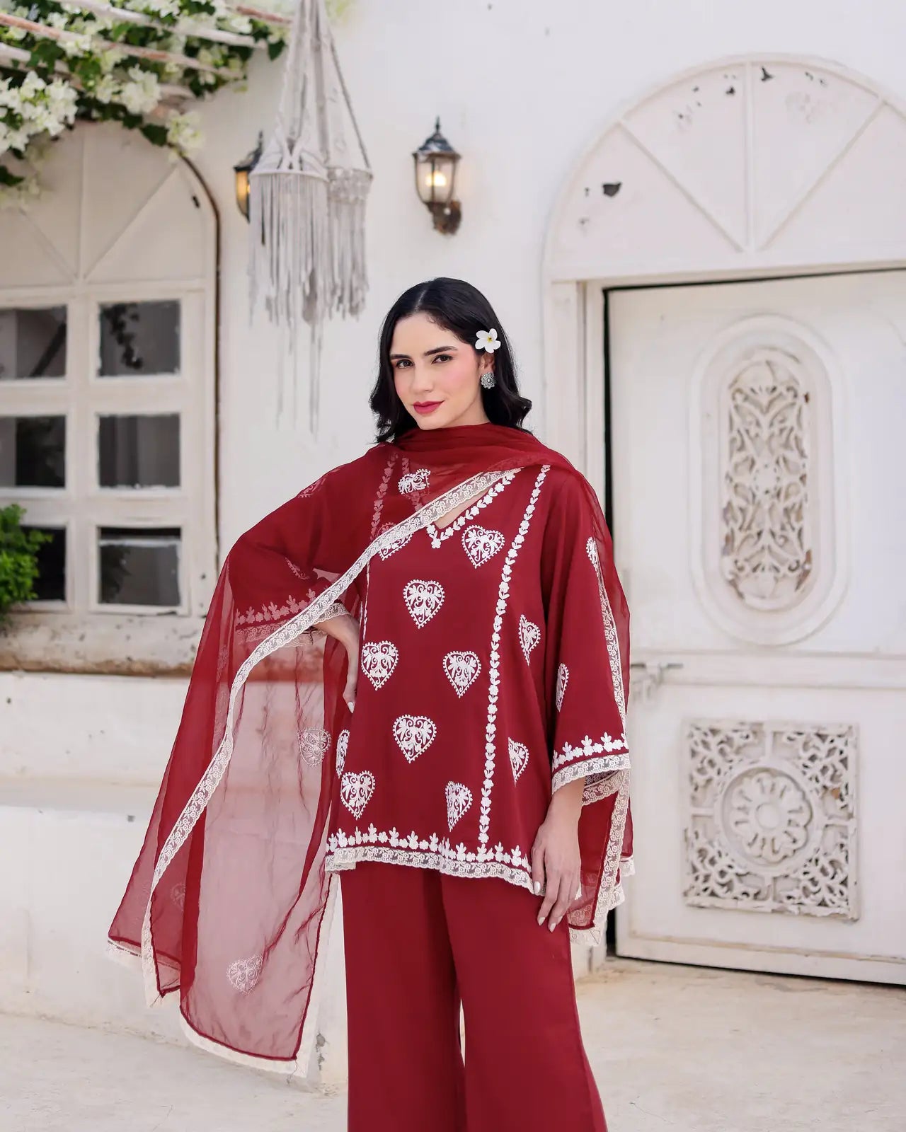 Aarzoo Red Cotton Satin Aari Embroidered Kurta Palazzo Set - AS-TTME-2 (7)