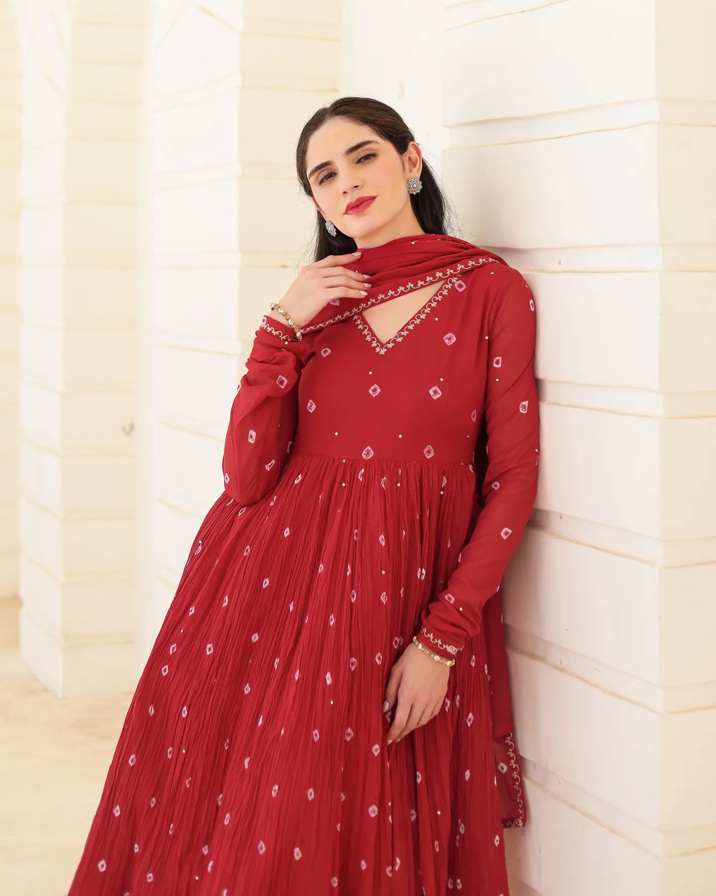 Ruhani Crimson Cotton Mulmul Bandhani Suit Set with Aari Zari Embroidery - AS-TTME-31 (1)