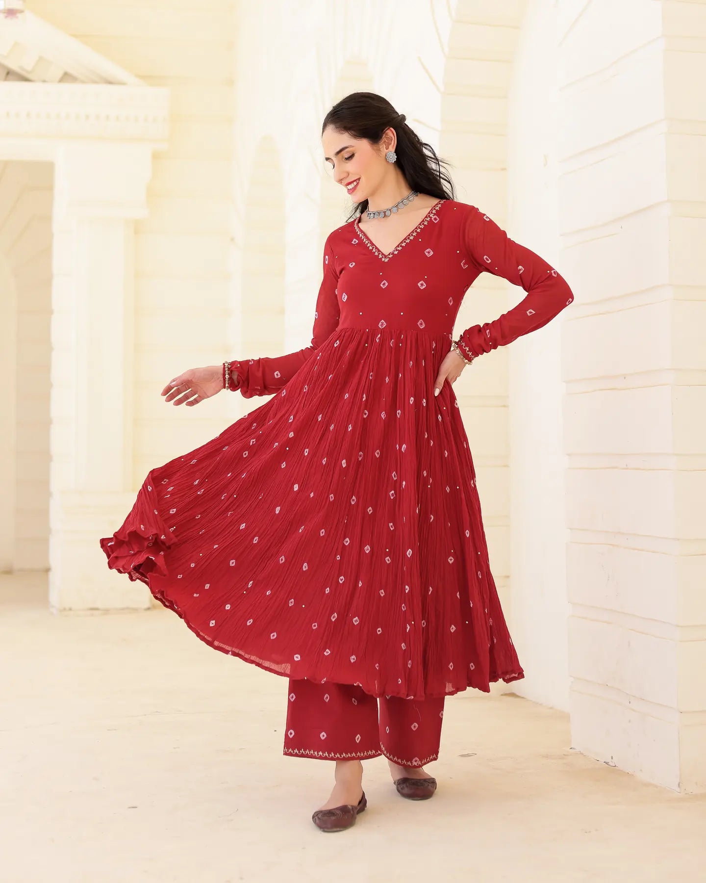 Ruhani Crimson Cotton Mulmul Bandhani Suit Set with Aari Zari Embroidery - AS-TTME-31 (5)