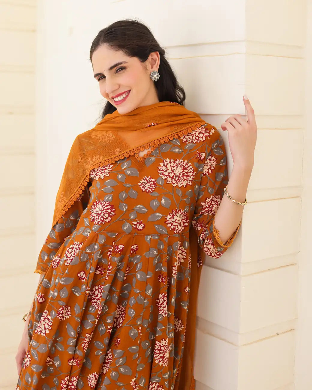 Amber Handblock Cotton Floral Anarkali Suit Set with Doriya Dupatta - AS-TTME-32 (1)