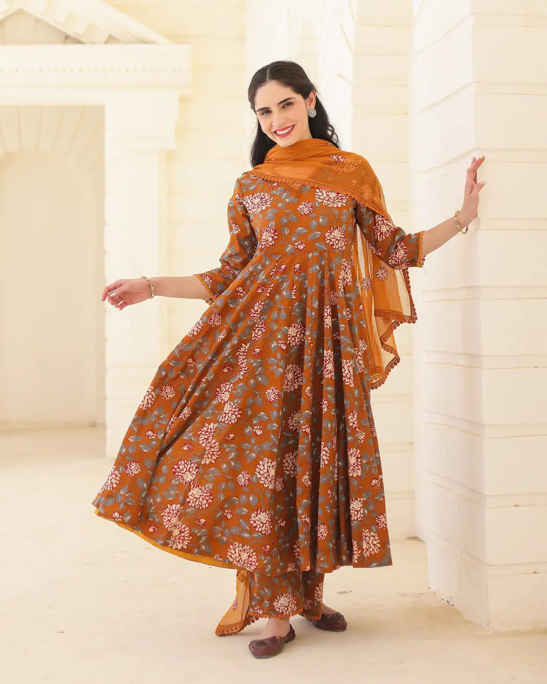Amber Handblock Cotton Floral Anarkali Suit Set with Doriya Dupatta - AS-TTME-32 (5)