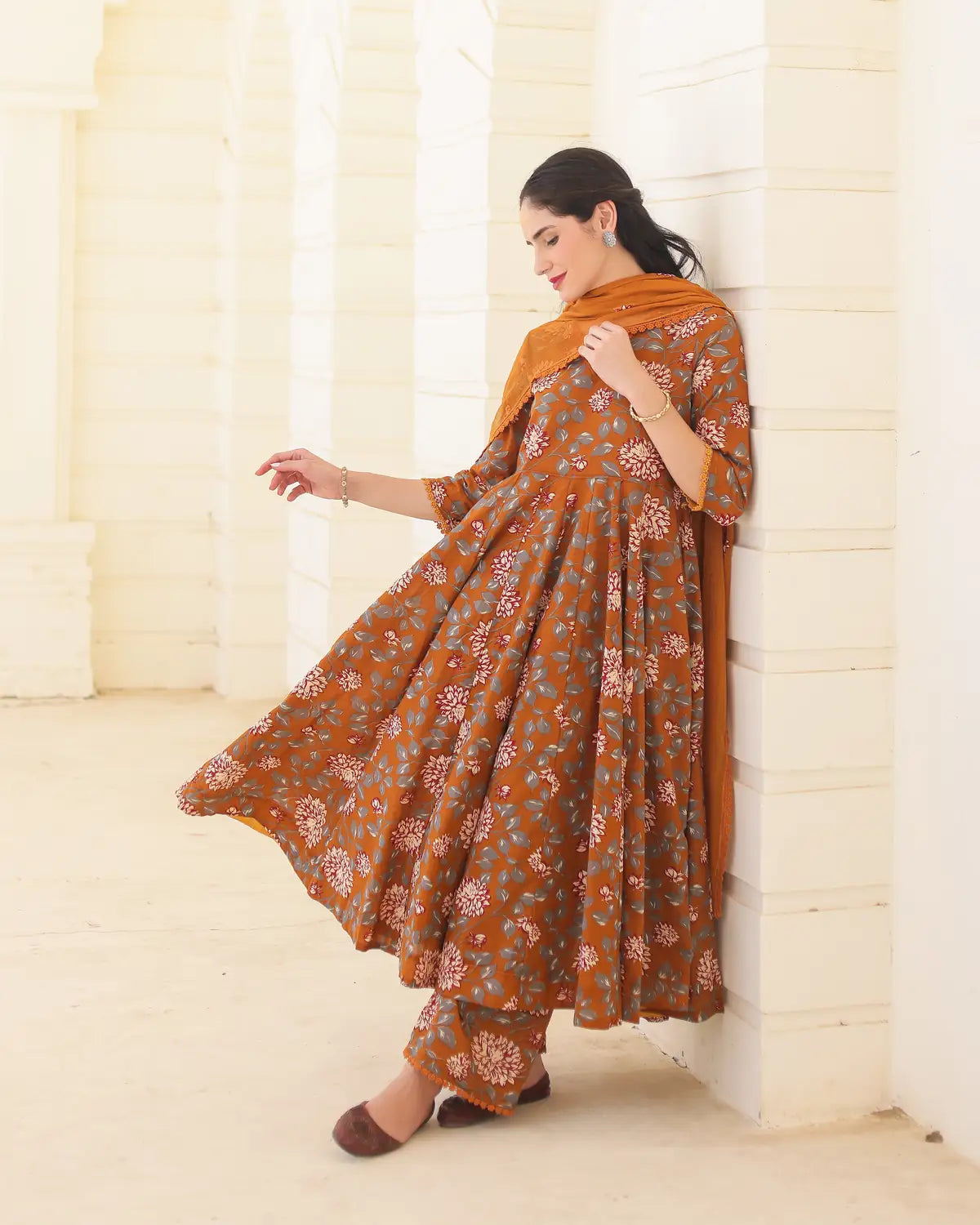 Amber Handblock Cotton Floral Anarkali Suit Set with Doriya Dupatta - AS-TTME-32 (6)