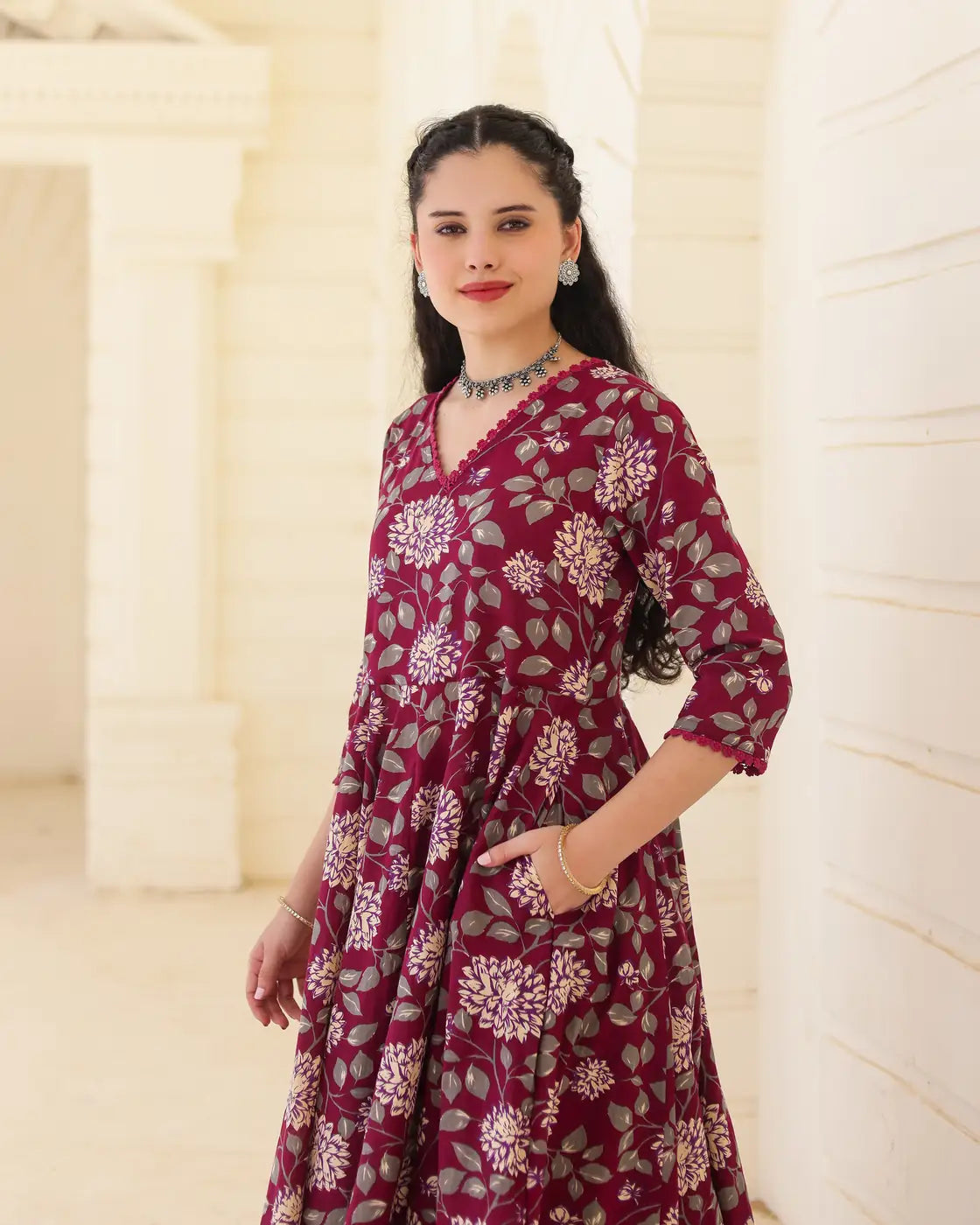 Burgundy Bloom Handblock Cotton Floral Anarkali Suit Set with Doriya Dupatta - AS-TTME-33 (1)