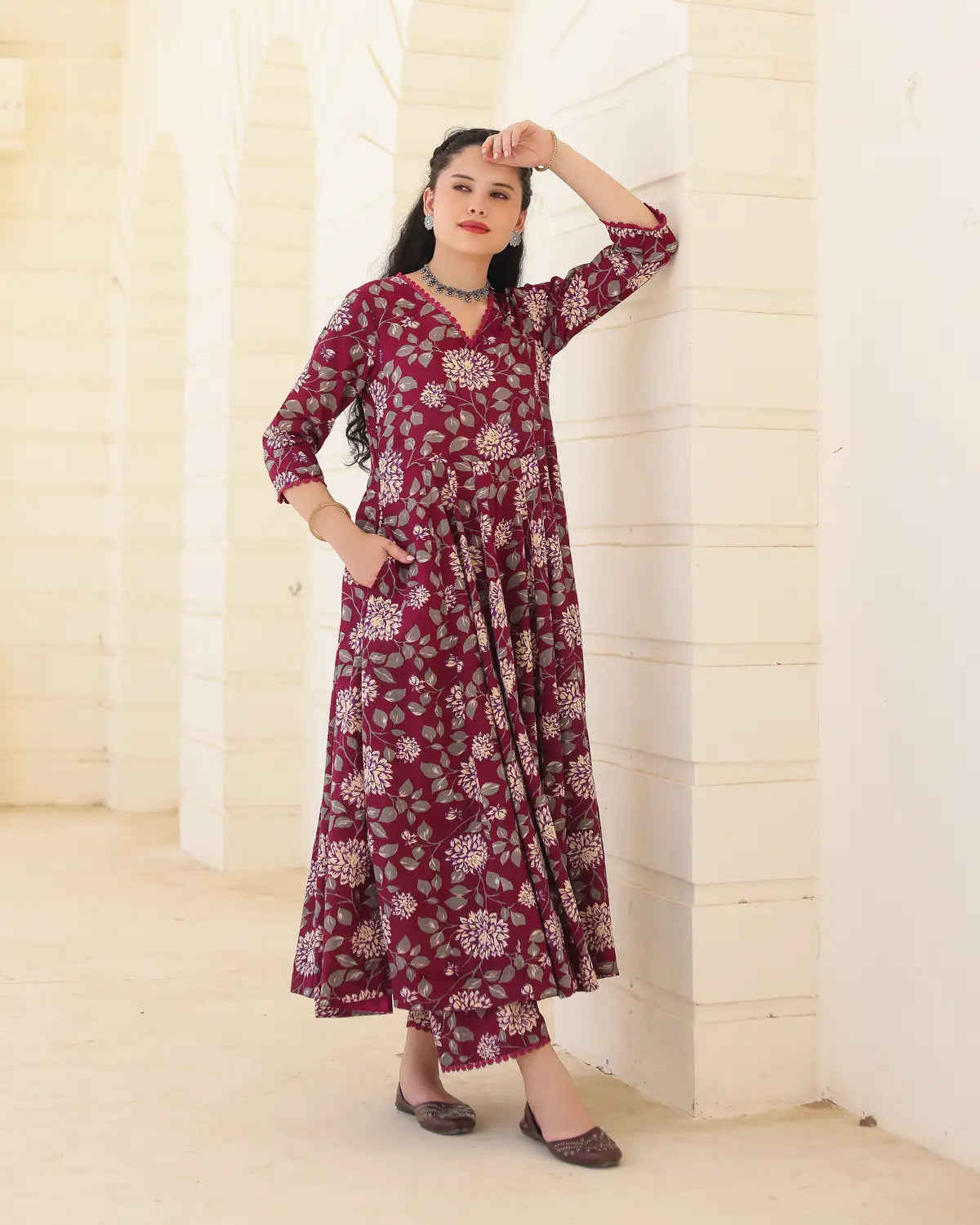 Burgundy Bloom Handblock Cotton Floral Anarkali Suit Set with Doriya Dupatta - AS-TTME-33 (4)