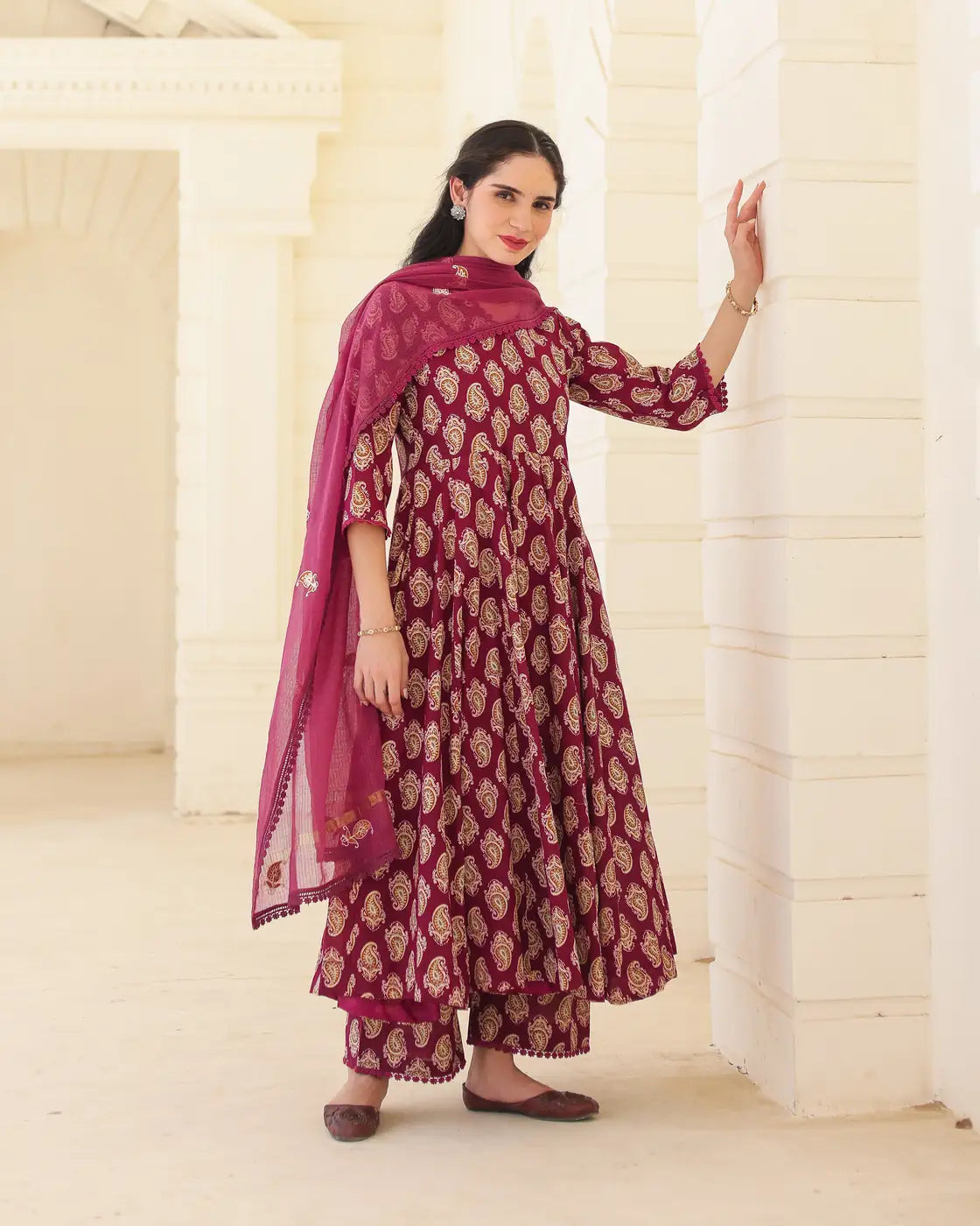 Royal Paisley Handblock Cotton Anarkali Suit Set with Kota Doria Dupatta - AS-TTME-34 (1)