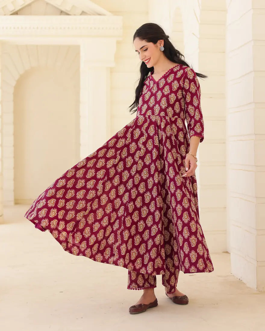 Royal Paisley Handblock Cotton Anarkali Suit Set with Kota Doria Dupatta - AS-TTME-34 (3)