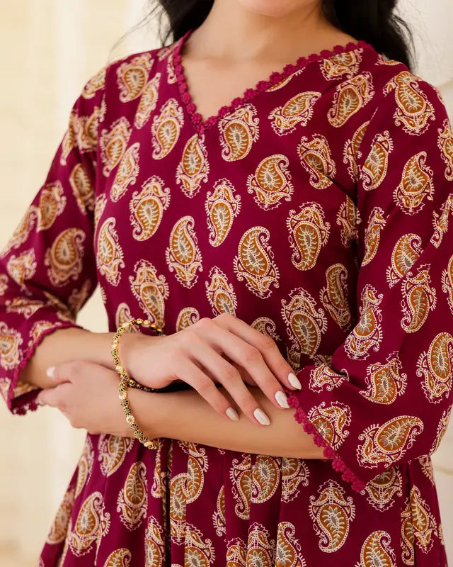 Royal Paisley Handblock Cotton Anarkali Suit Set with Kota Doria Dupatta - AS-TTME-34 (4)