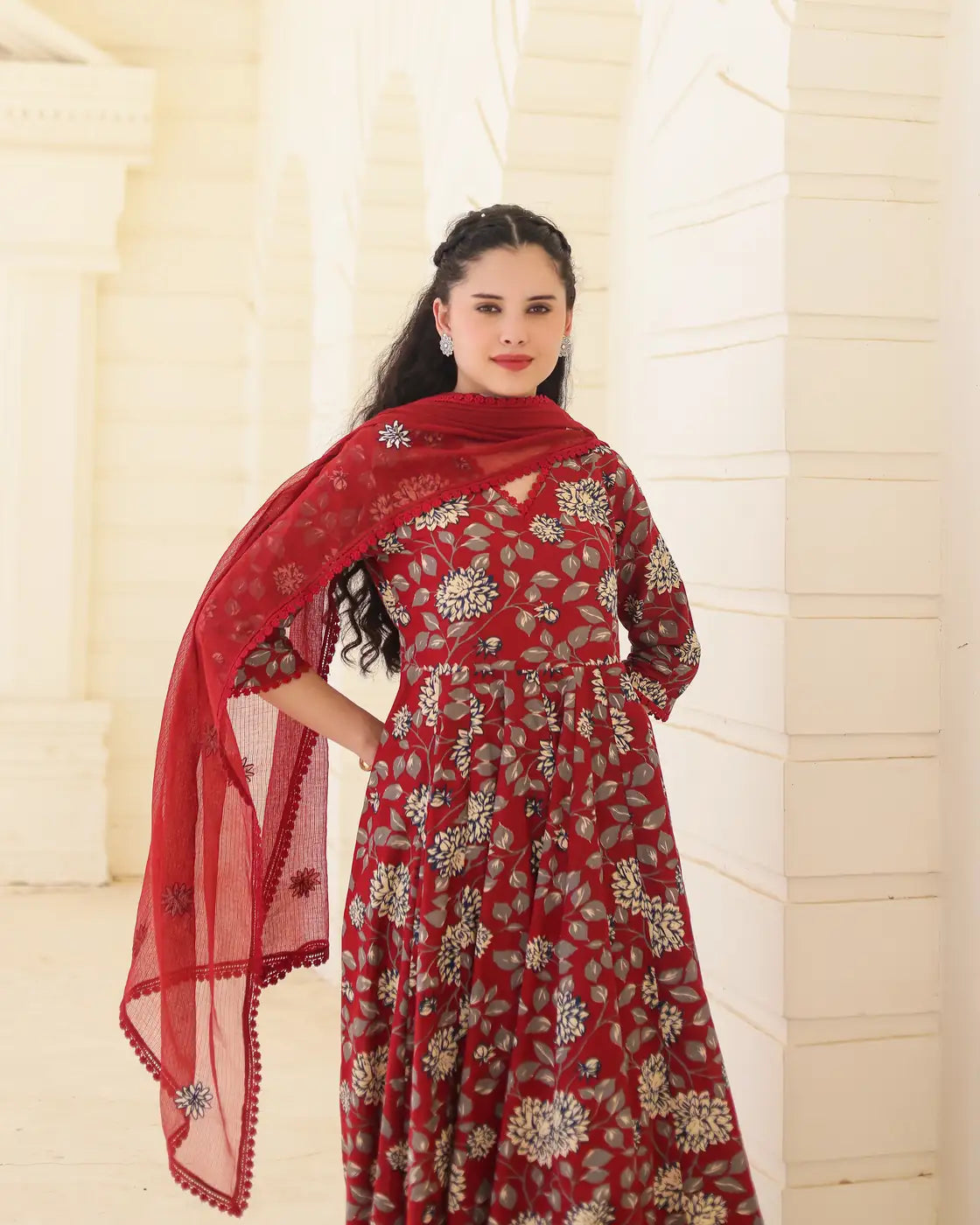 Handblock Crimson Cotton Anarkali Suit Set with Kota Doria Dupatta - AS-TTME-35 (1)