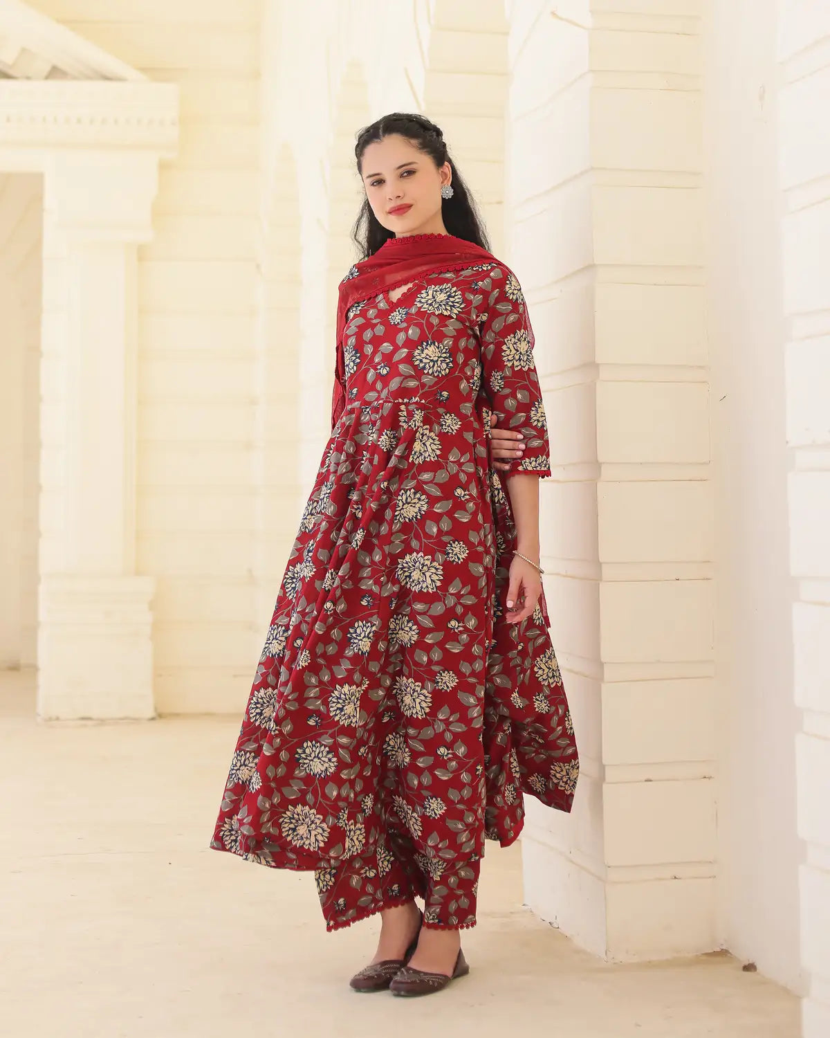 Handblock Crimson Cotton Anarkali Suit Set with Kota Doria Dupatta - AS-TTME-35 (6)