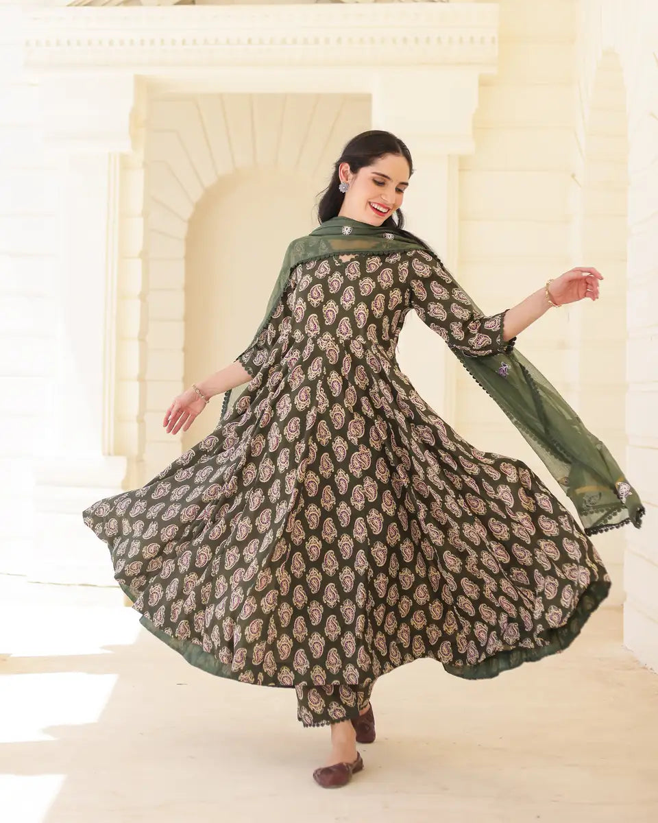Handblock Olive paisley Green Cotton Anarkali Suit Set with Kota Doria Dupatta - AS-TTME-36 (1)