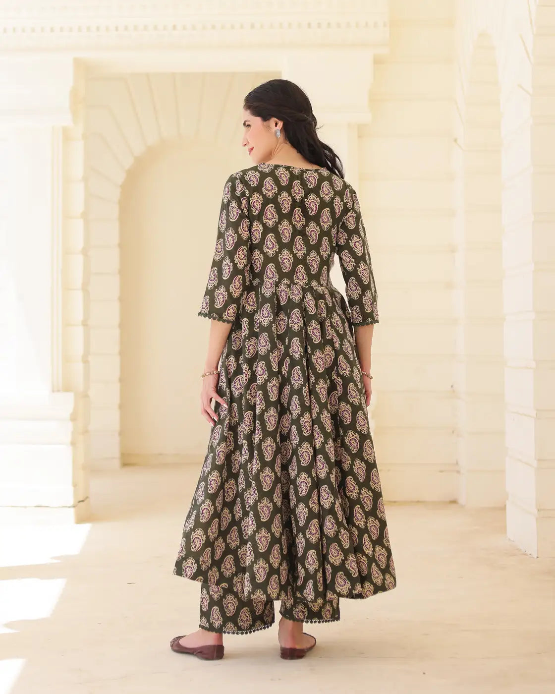 Handblock Olive paisley Green Cotton Anarkali Suit Set with Kota Doria Dupatta - AS-TTME-36 (2)