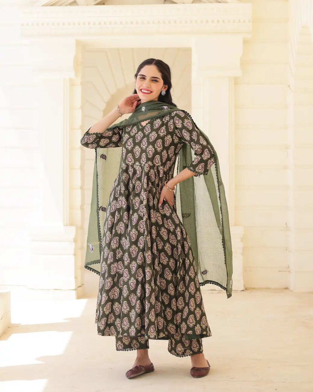 Handblock Olive paisley Green Cotton Anarkali Suit Set with Kota Doria Dupatta - AS-TTME-36 (6)