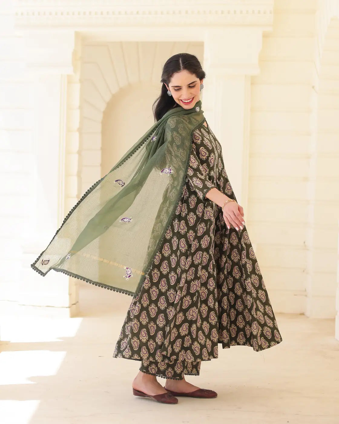 Handblock Olive paisley Green Cotton Anarkali Suit Set with Kota Doria Dupatta - AS-TTME-36 (7)