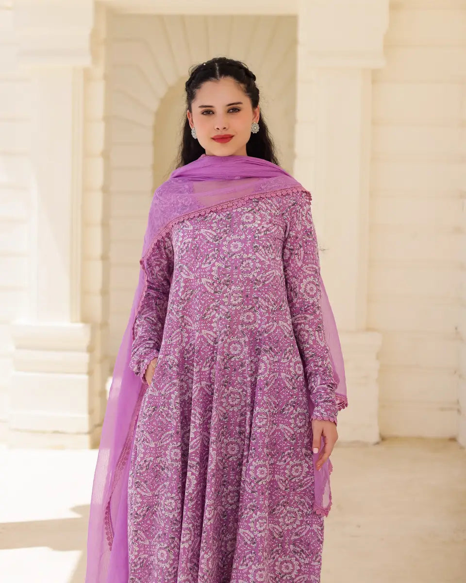 Handblock Lavender heritage Cotton Suit Set with Kota Doria Dupatta - AS-TTME-37 (1)