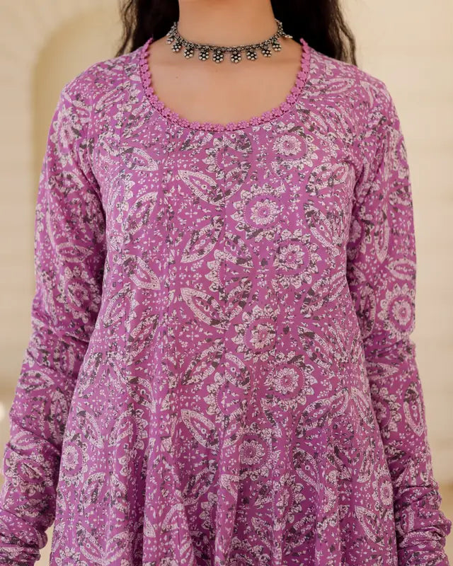Handblock Lavender heritage Cotton Suit Set with Kota Doria Dupatta - AS-TTME-37 (5)