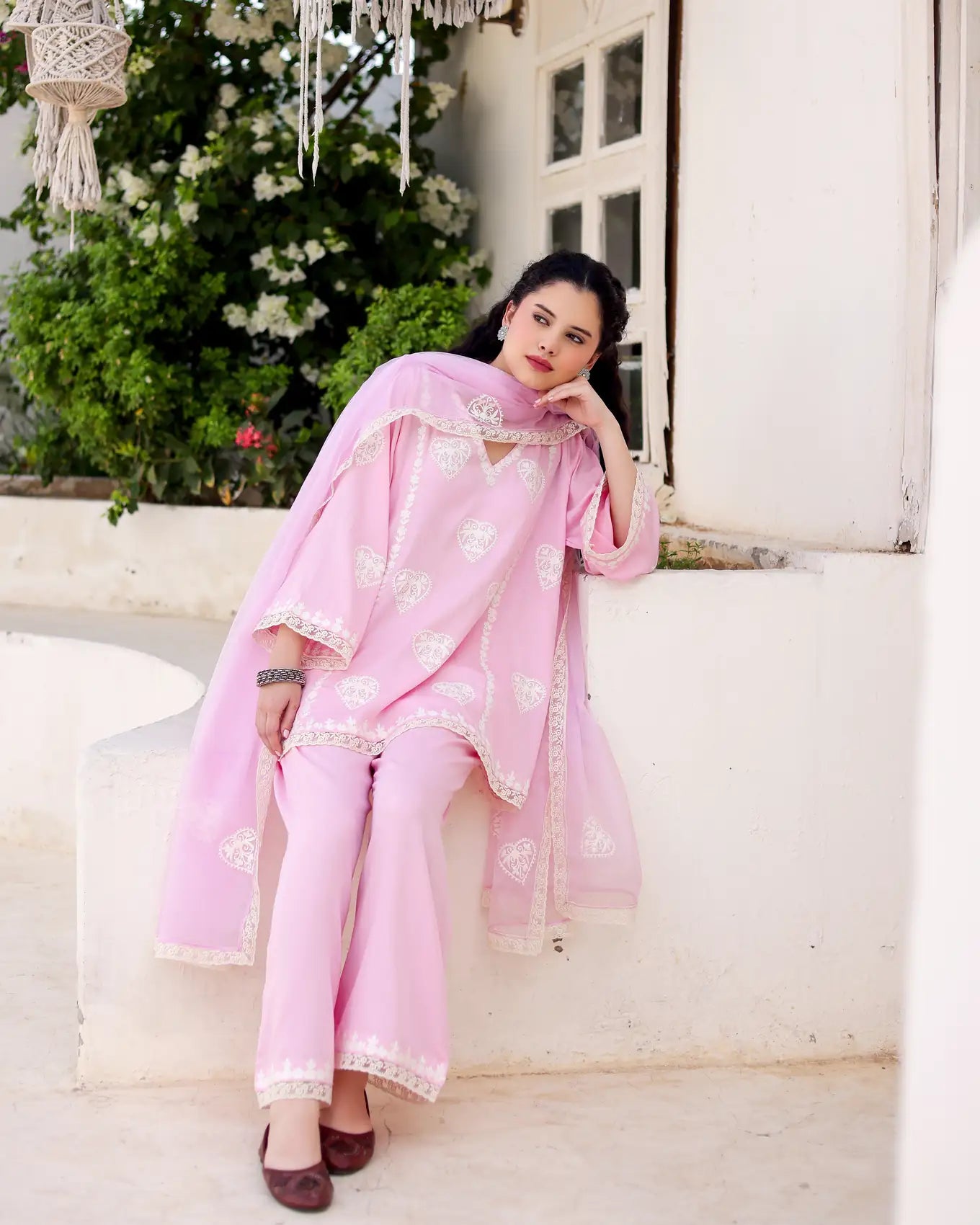 Gulzaar Blush Pink Cotton Satin Aari Embroidered Kurta Palazzo Set - AS-TTME-3 (1)
