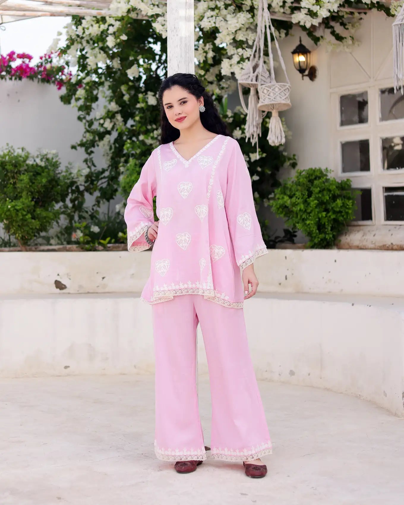 Gulzaar Blush Pink Cotton Satin Aari Embroidered Kurta Palazzo Set - AS-TTME-3 (2)