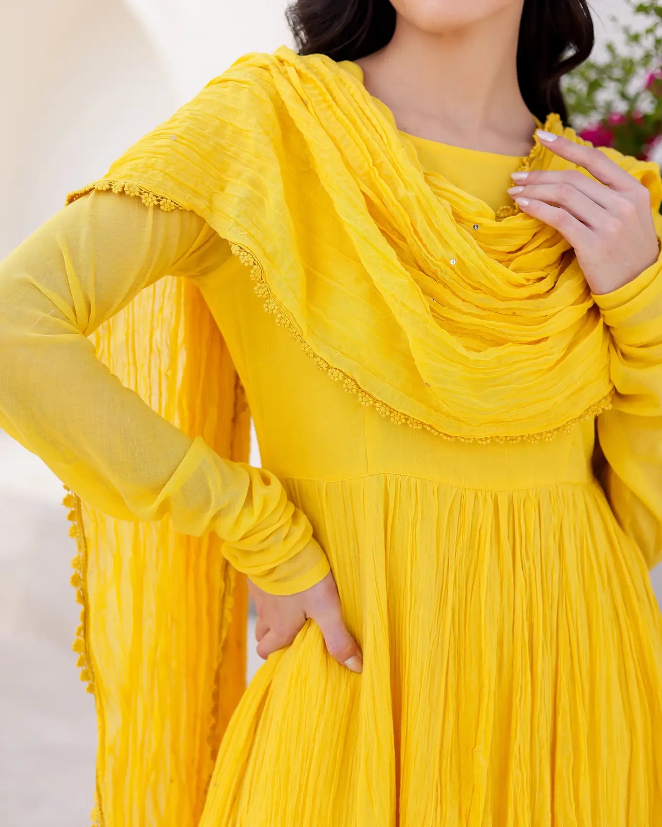 Abeer Yellow Cotton Mulmul Anarkali Dress with Taari Embroidered Dupatta - AS-TTME-4 (7)