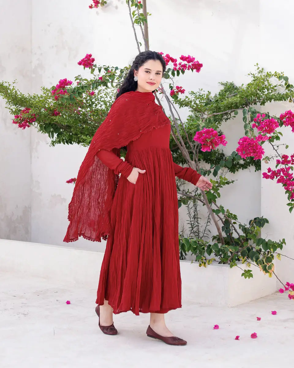 Mehraya Maroon Cotton Mulmul Anarkali Dress with Draped Dupatta - AS-TTME-5 (2)