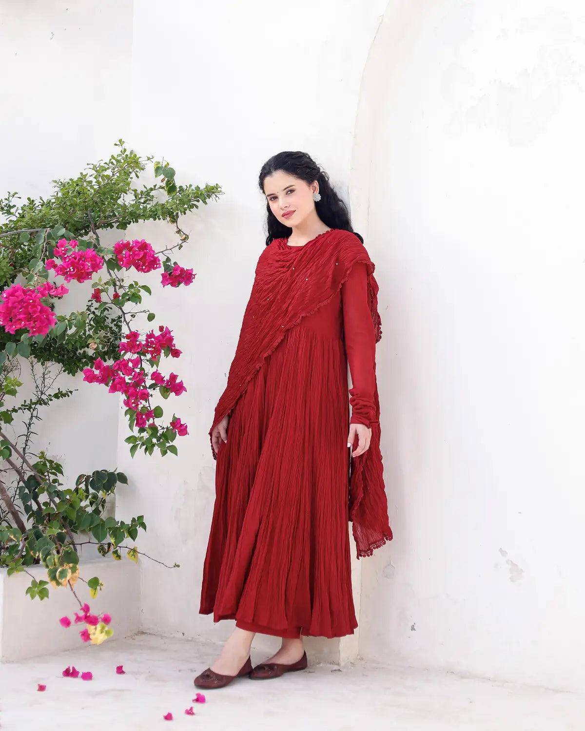 Mehraya Maroon Cotton Mulmul Anarkali Dress with Draped Dupatta - AS-TTME-5 (6)